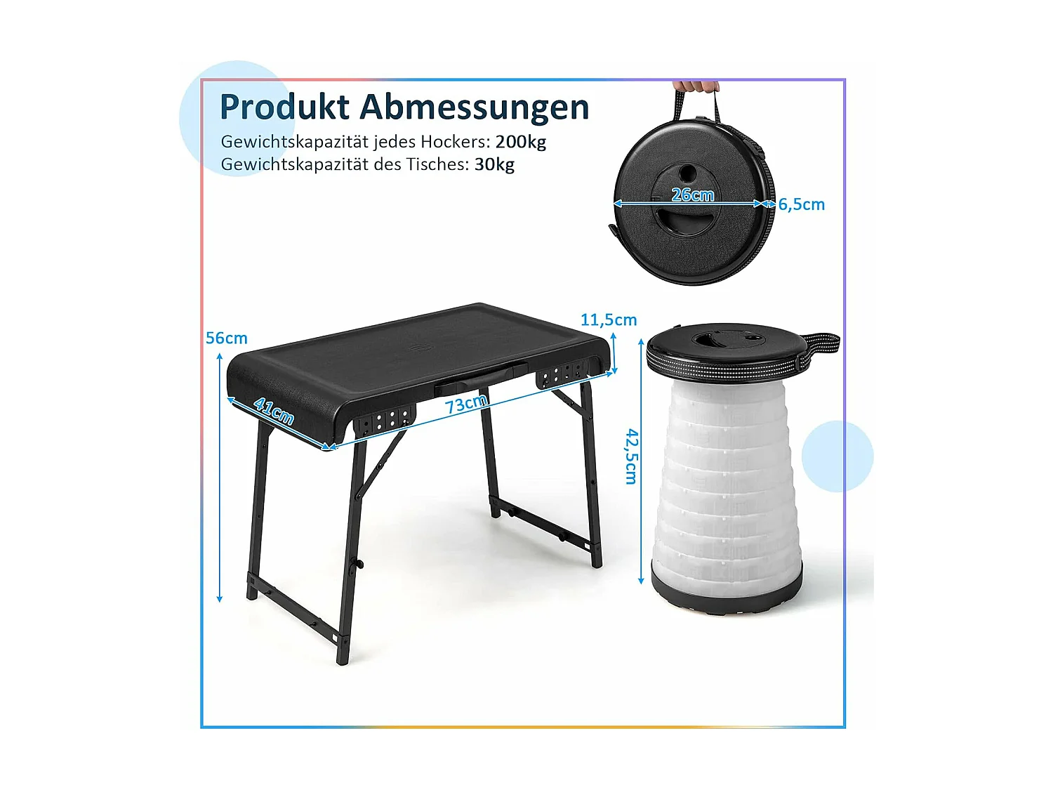 Draagbare klaptafel met 2 led-telescoopkrukken, campingtafel en in hoogte verstelbare kruk, campingkruk, klapkruk, voor kamperen,reizen, vissen ZB33380