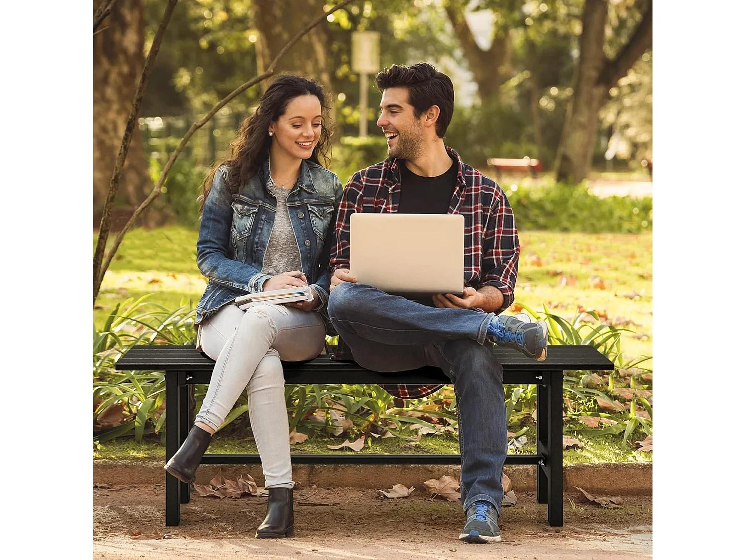 Tuinbank, 2-zits, tot 300 kg belastbaar, parkeerbank, van HDPE, terrasbank zonder rugleuning voor tuin, park, balkon, 120 x 36 x 40,5 cm (zwart) ZB33351