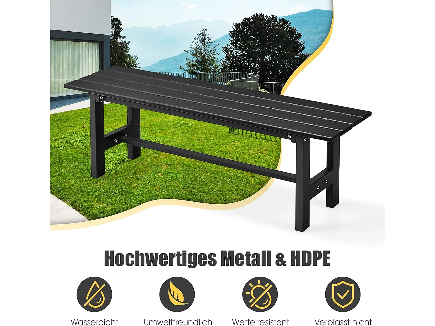 Tuinbank, 2-zits, tot 300 kg belastbaar, parkeerbank, van HDPE, terrasbank zonder rugleuning voor tuin, park, balkon, 120 x 36 x 40,5 cm (zwart) ZB33351