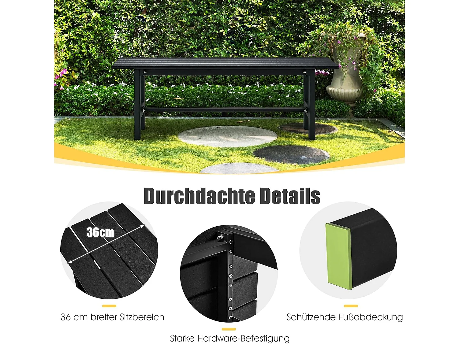 Tuinbank, 2-zits, tot 300 kg belastbaar, parkeerbank, van HDPE, terrasbank zonder rugleuning voor tuin, park, balkon, 120 x 36 x 40,5 cm (zwart) ZB33351