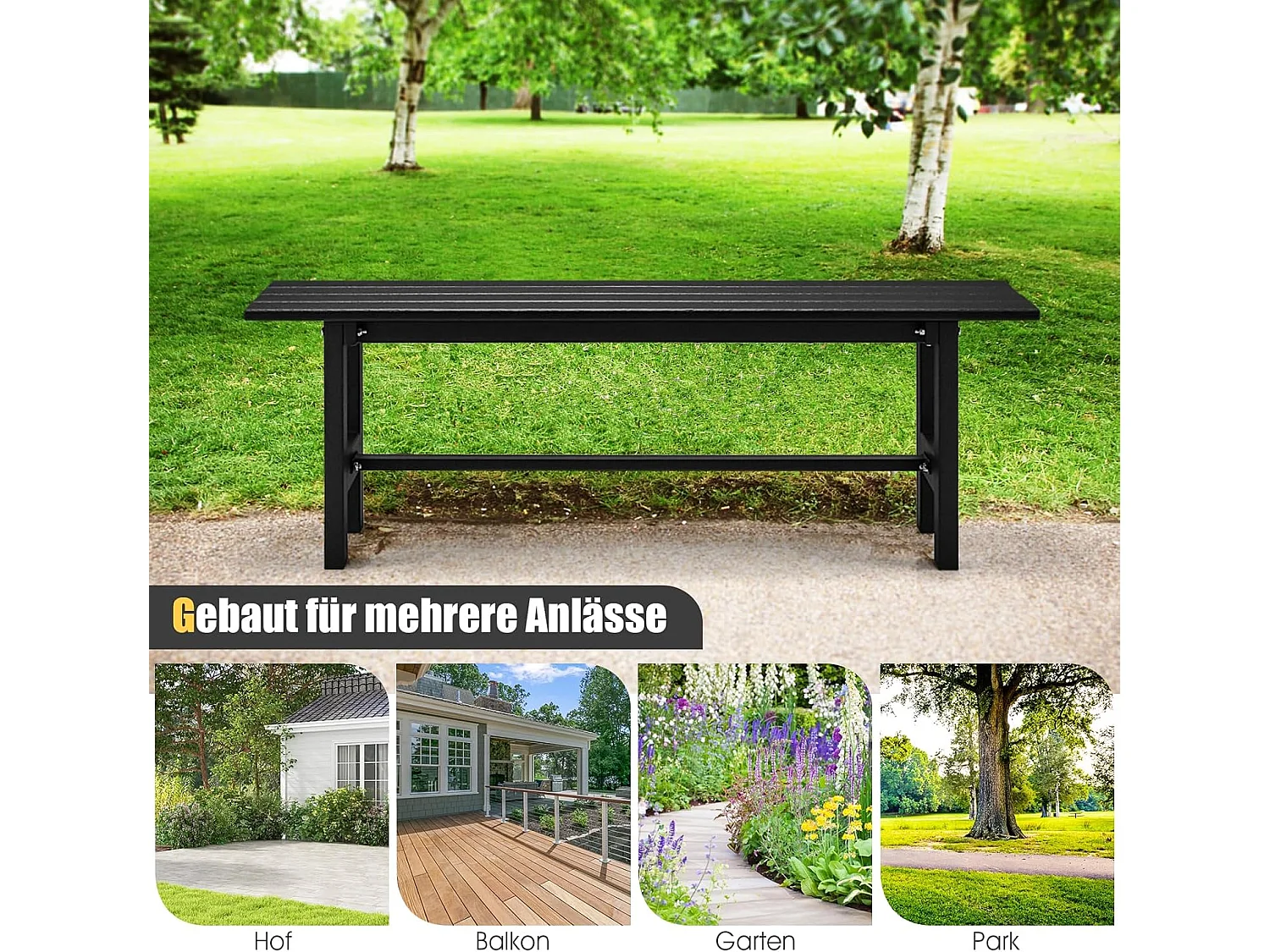 Tuinbank, 2-zits, tot 300 kg belastbaar, parkeerbank, van HDPE, terrasbank zonder rugleuning voor tuin, park, balkon, 120 x 36 x 40,5 cm (zwart) ZB33351