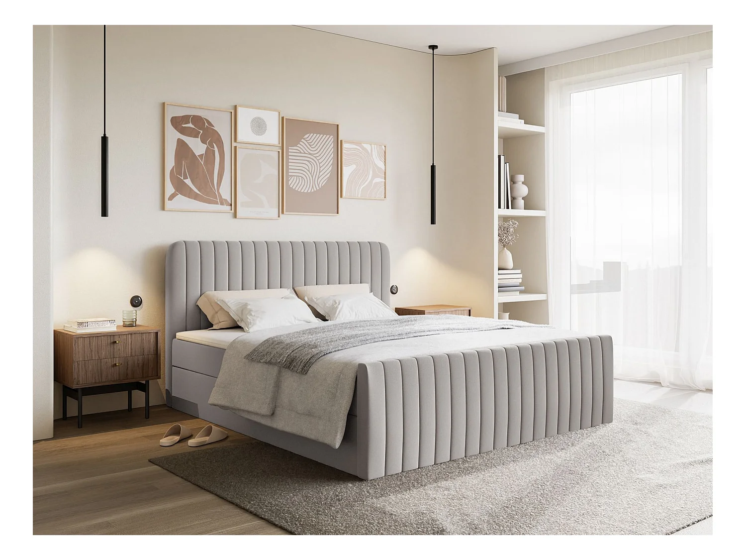 Boxspringbett mit Bettkasten - Topper und Chenille-Bezug - Greige - 200x200 cm - SALIANO