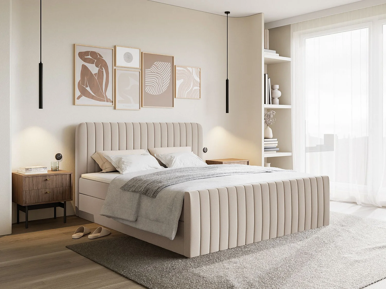 Lit continental avec surmatelas - 200x200 cm - chenille beige - SALIANO