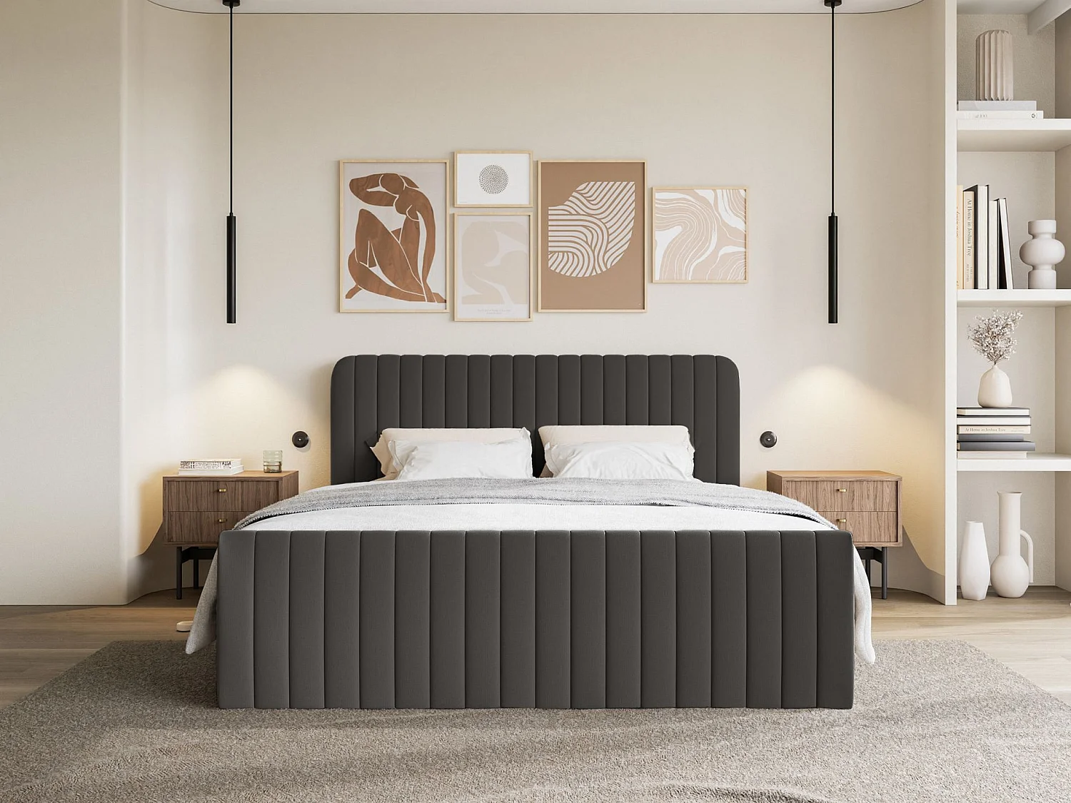 Lit continental avec surmatelas - 200x200 cm - chenille graphite - SALIANO