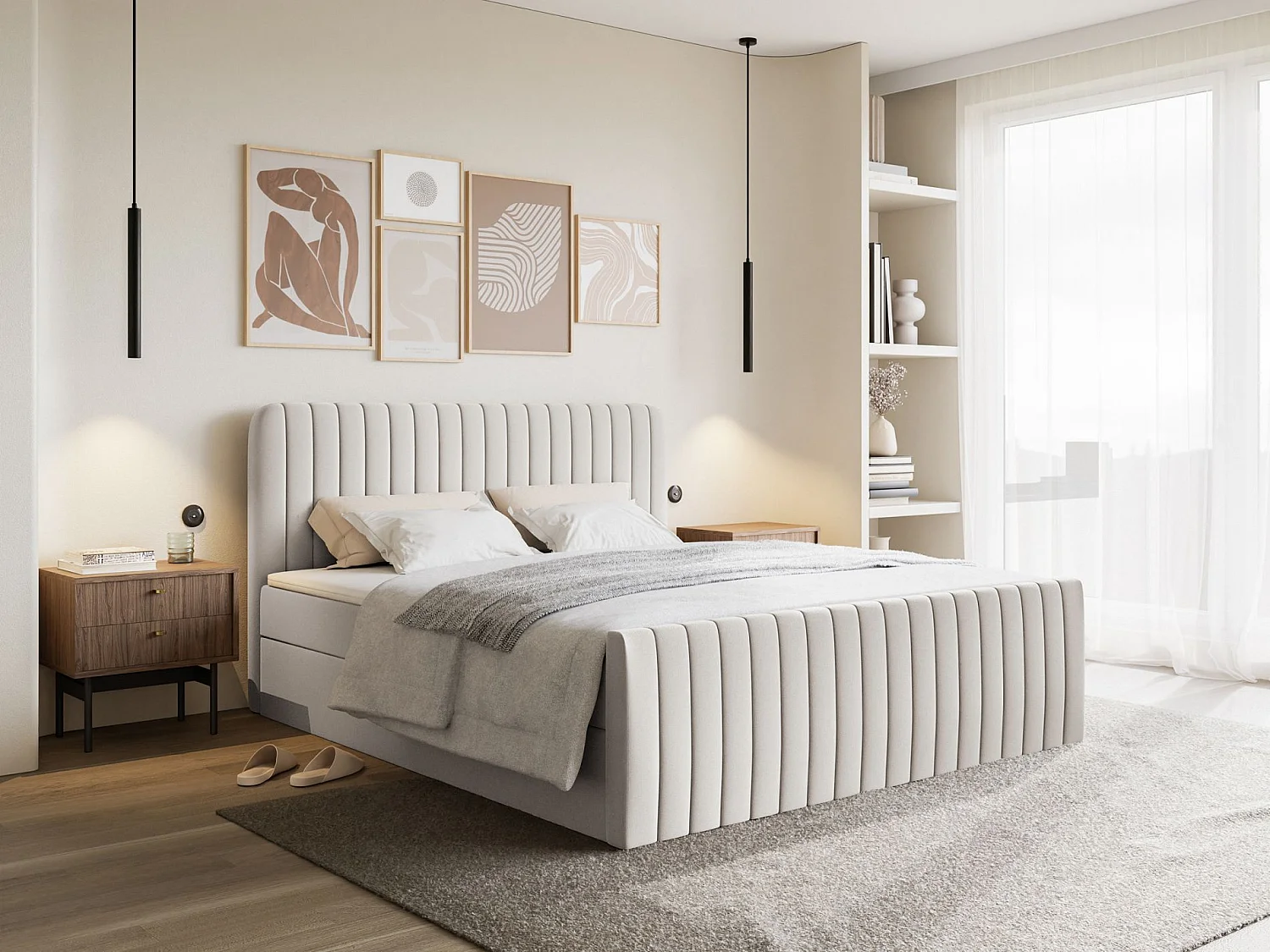 Lit continental avec surmatelas - 200x200 cm - chenille beige clair - SALIANO