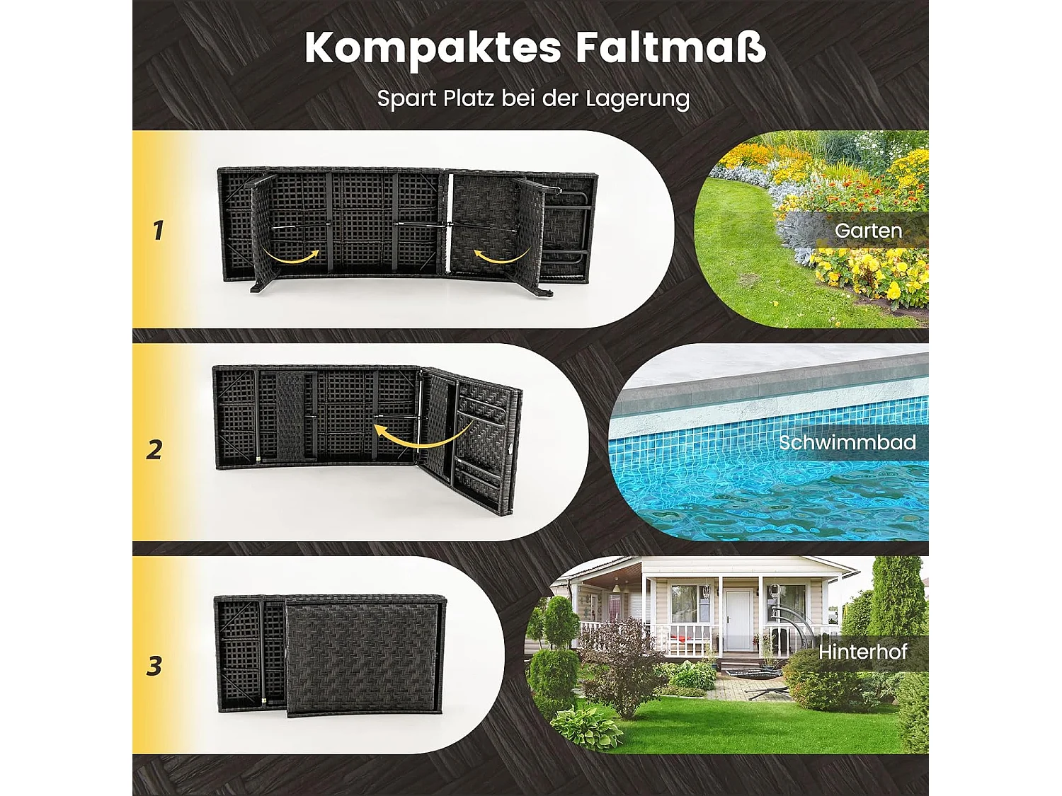 Zonnebed, inklapbaar, ligstoel met 5-voudig verstelbare rugleuning en wielen, relaxstoel met metalen frame,klapstoel in rotanlook, ligstoel voor terras, zwembad