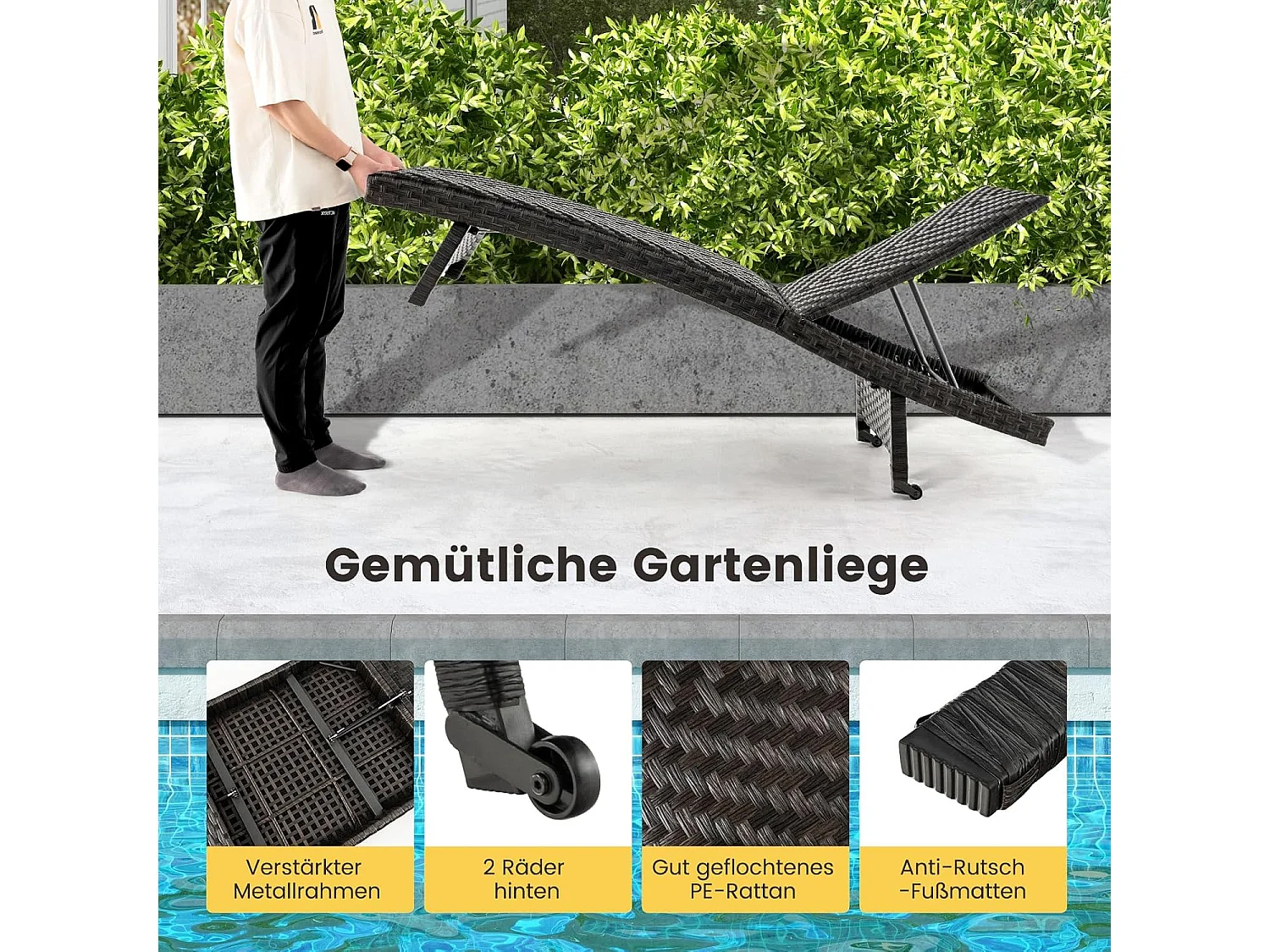 Zonnebed, inklapbaar, ligstoel met 5-voudig verstelbare rugleuning en wielen, relaxstoel met metalen frame,klapstoel in rotanlook, ligstoel voor terras, zwembad