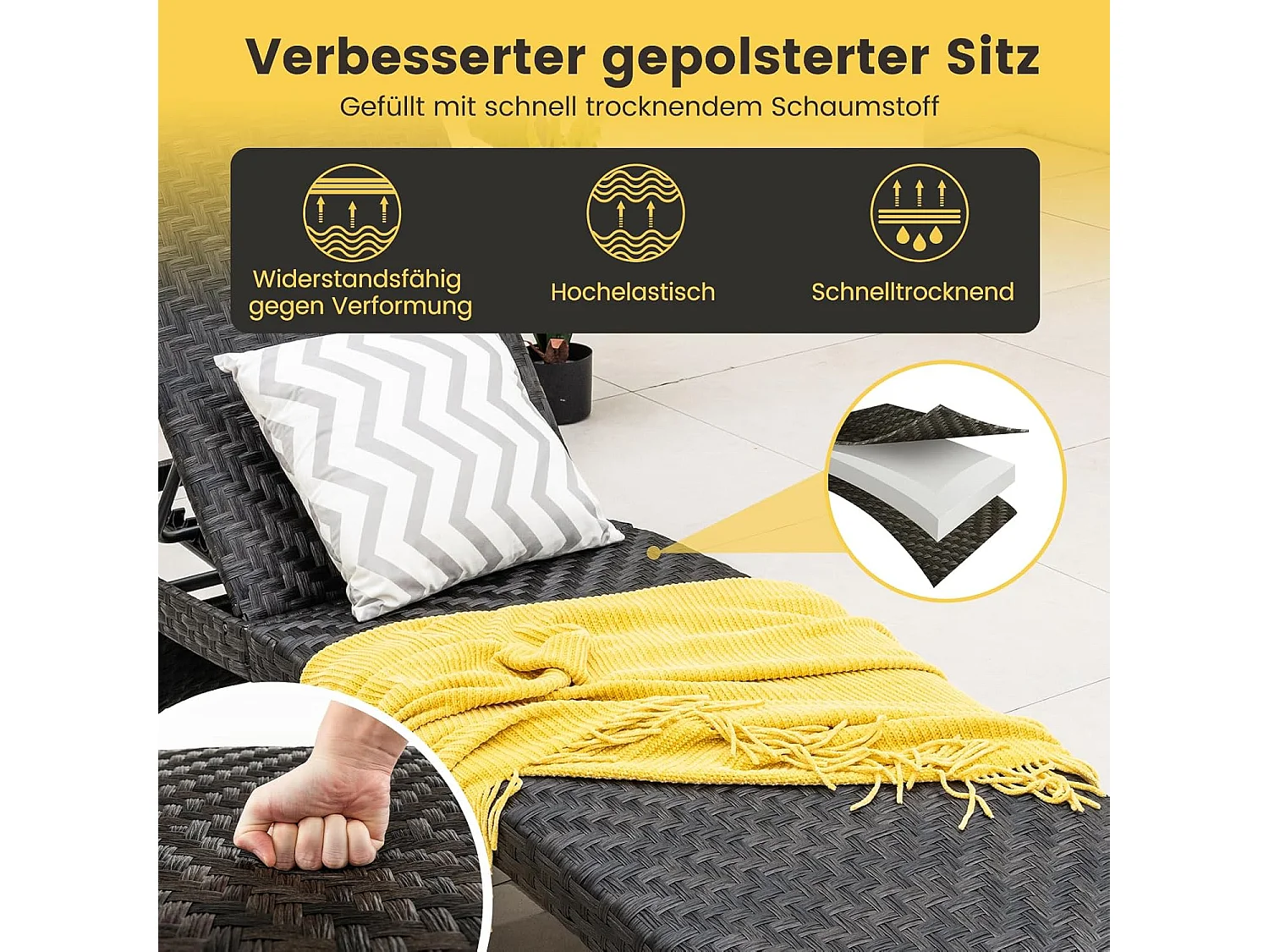 Zonnebed, inklapbaar, ligstoel met 5-voudig verstelbare rugleuning en wielen, relaxstoel met metalen frame,klapstoel in rotanlook, ligstoel voor terras, zwembad