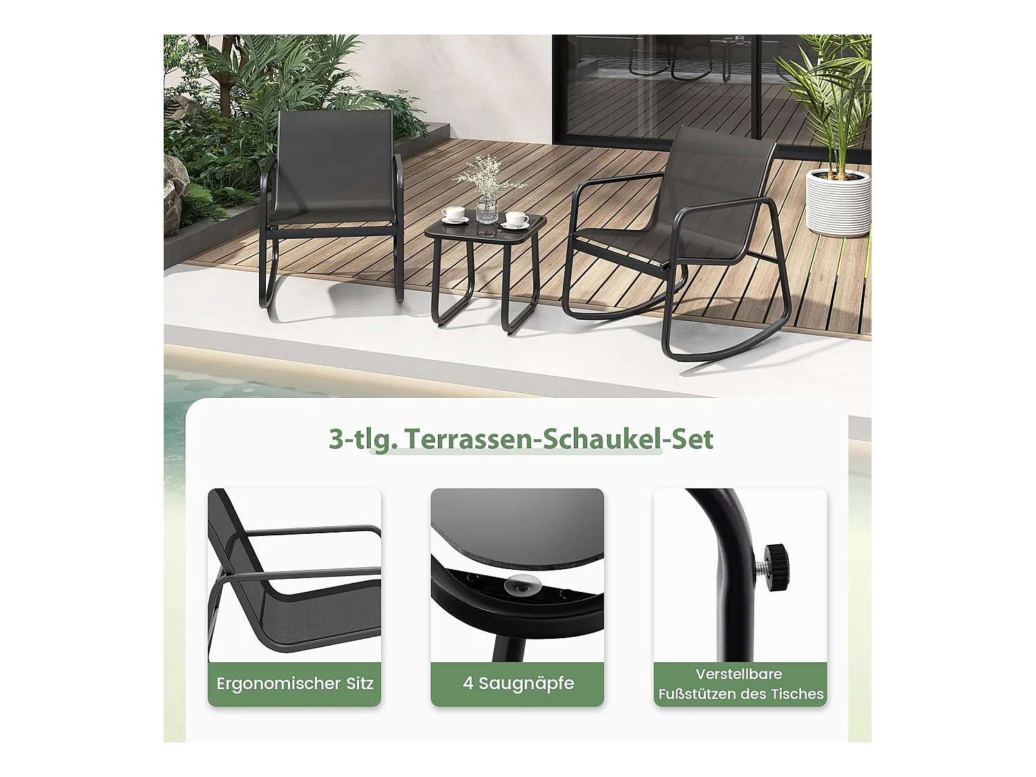 3-delige tuinmeubelset, balkonset met 2 stoelen en tafel, balkonmeubels, terrasmeubels, tuingarnituur, zitgroep voor terras, balkon, tuin ZB33750