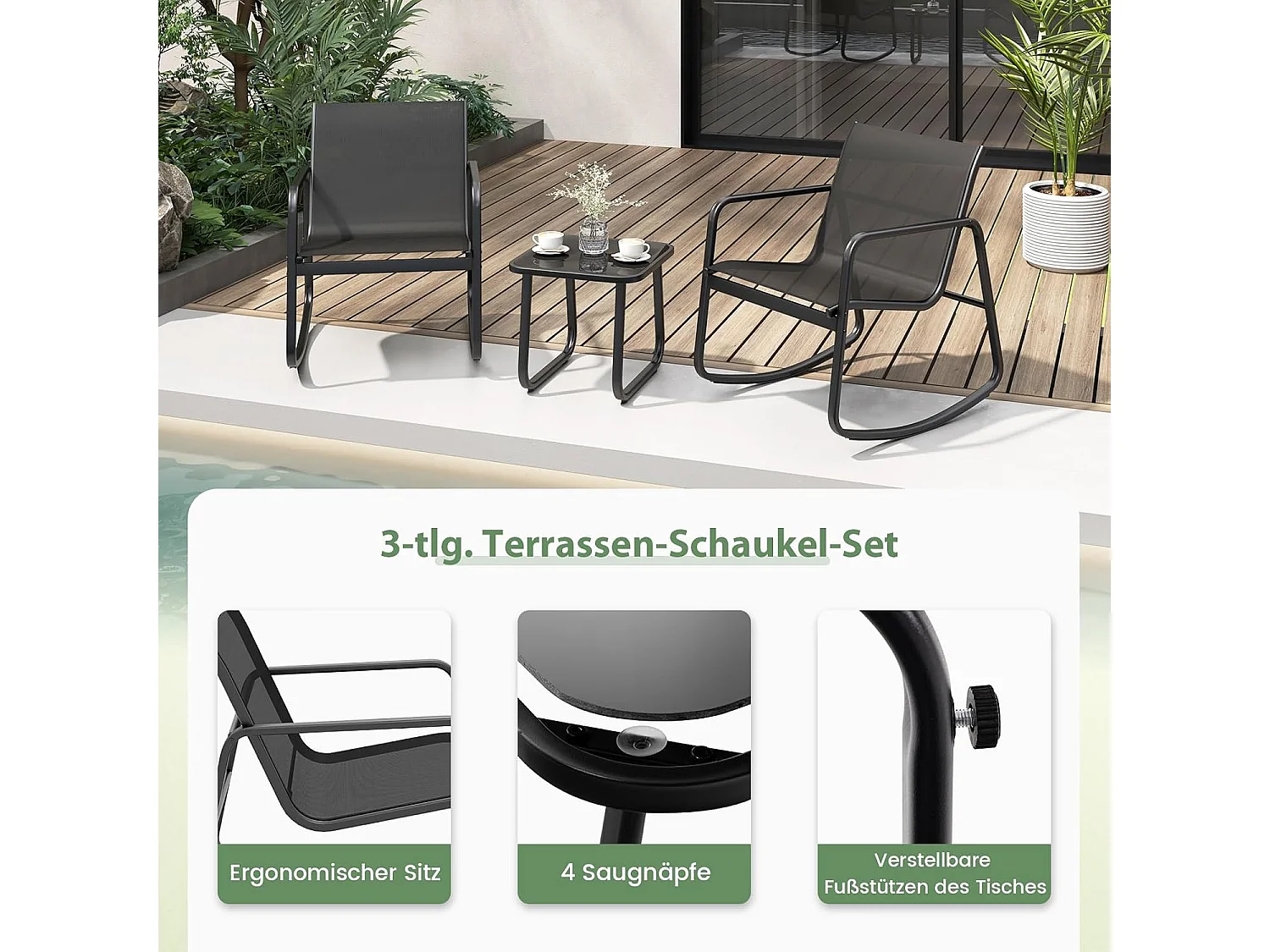 3-delige tuinmeubelset, balkonset met 2 stoelen en tafel, balkonmeubels, terrasmeubels, tuingarnituur, zitgroep voor terras, balkon, tuin ZB33750