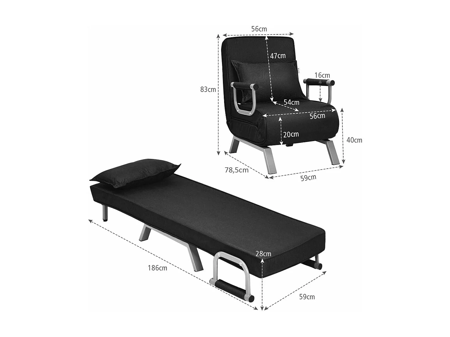 4-in-1 slaapstoel, inklapbaar, slaapbank met 5 standen, verstelbare rugleuning,bankbed met metalen frame, belastbaar tot 150 kg TH32639