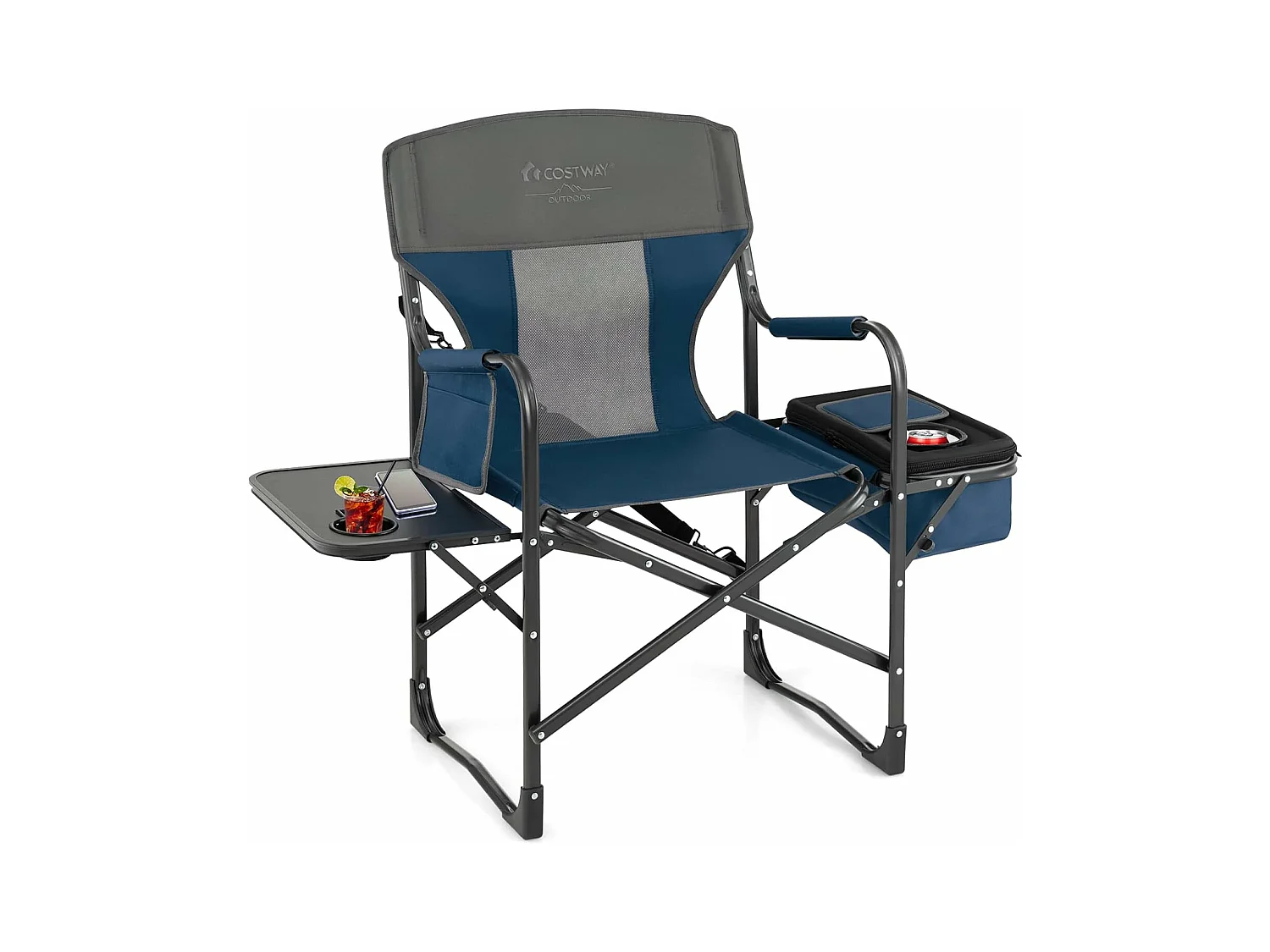 Campingstoel met zijtafel, koeltas en opbergtas, inklapbare visstoel,regisseursstoel, draagbaar, vouwstoel, klapstoel voor camping, vissen, picknick (blauw)ZB32088