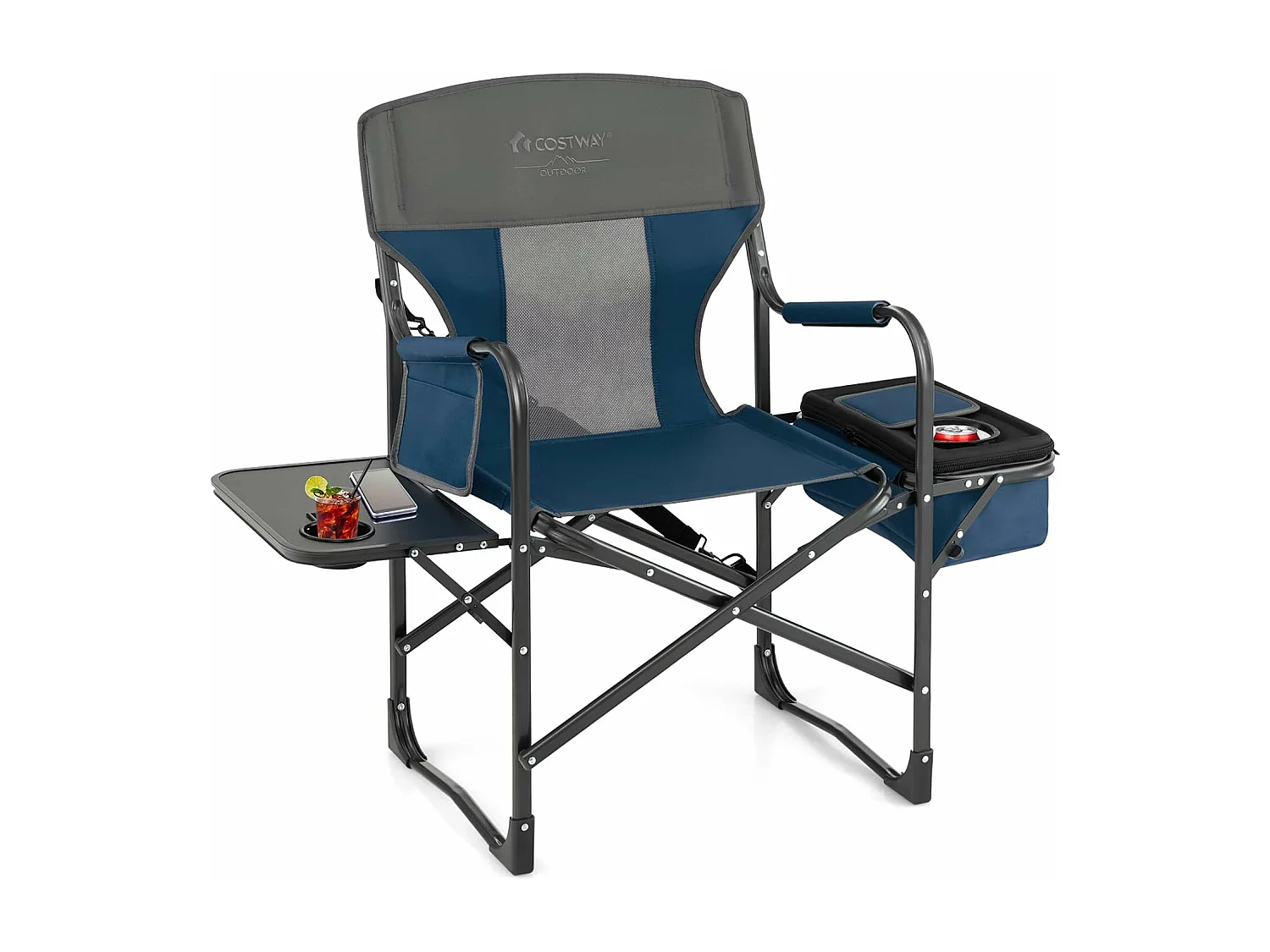 Campingstoel met zijtafel, koeltas en opbergtas, inklapbare visstoel,regisseursstoel, draagbaar, vouwstoel, klapstoel voor camping, vissen, picknick (blauw)ZB32088