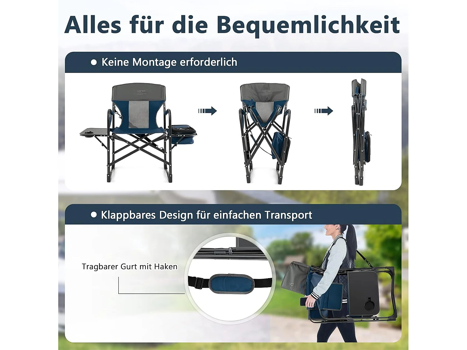 Campingstoel met zijtafel, koeltas en opbergtas, inklapbare visstoel,regisseursstoel, draagbaar, vouwstoel, klapstoel voor camping, vissen, picknick (blauw)ZB32088