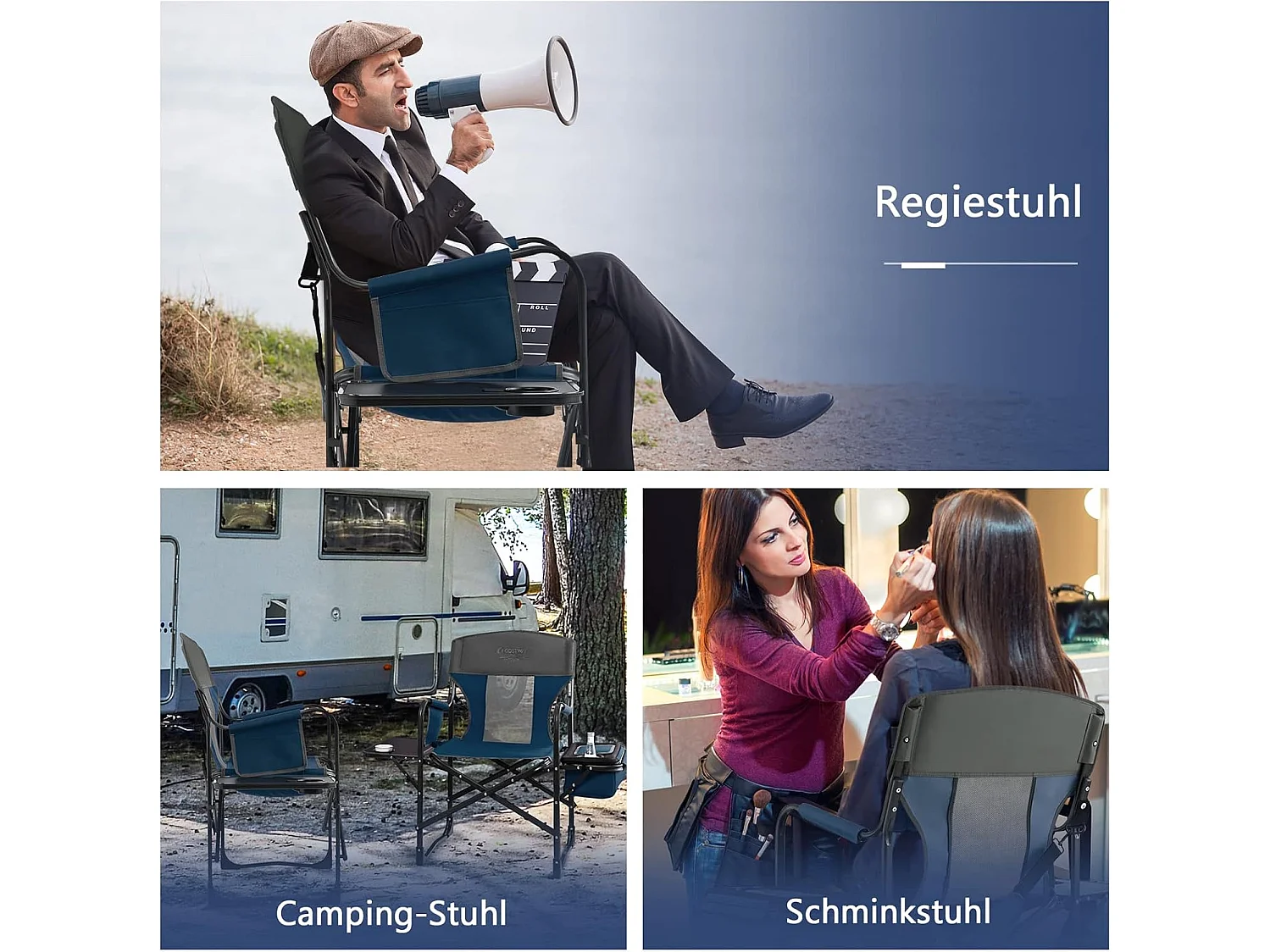 Campingstoel met zijtafel, koeltas en opbergtas, inklapbare visstoel,regisseursstoel, draagbaar, vouwstoel, klapstoel voor camping, vissen, picknick (blauw)ZB32088