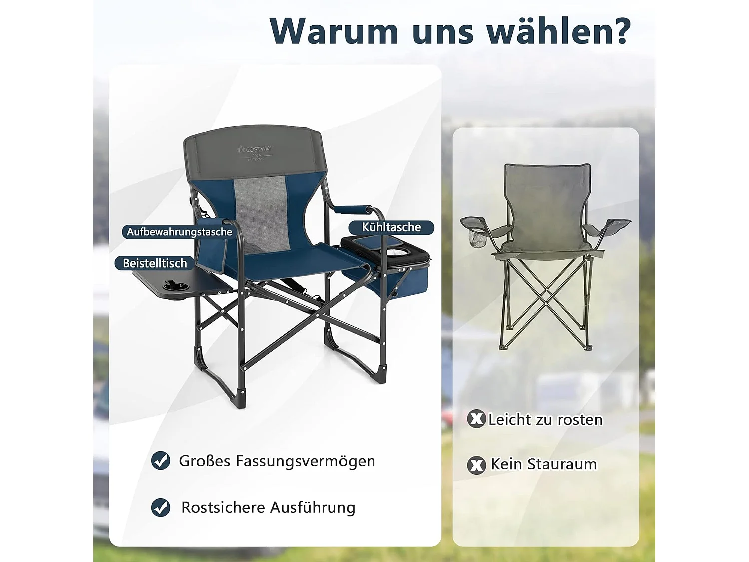 Campingstoel met zijtafel, koeltas en opbergtas, inklapbare visstoel,regisseursstoel, draagbaar, vouwstoel, klapstoel voor camping, vissen, picknick (blauw)ZB32088