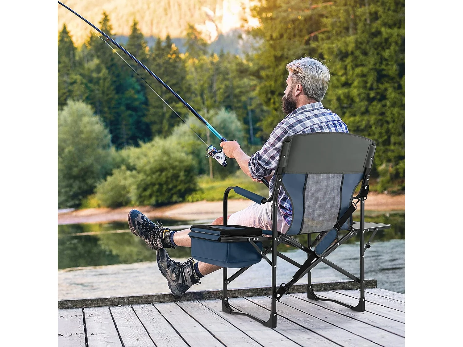 Campingstoel met zijtafel, koeltas en opbergtas, inklapbare visstoel,regisseursstoel, draagbaar, vouwstoel, klapstoel voor camping, vissen, picknick (blauw)ZB32088