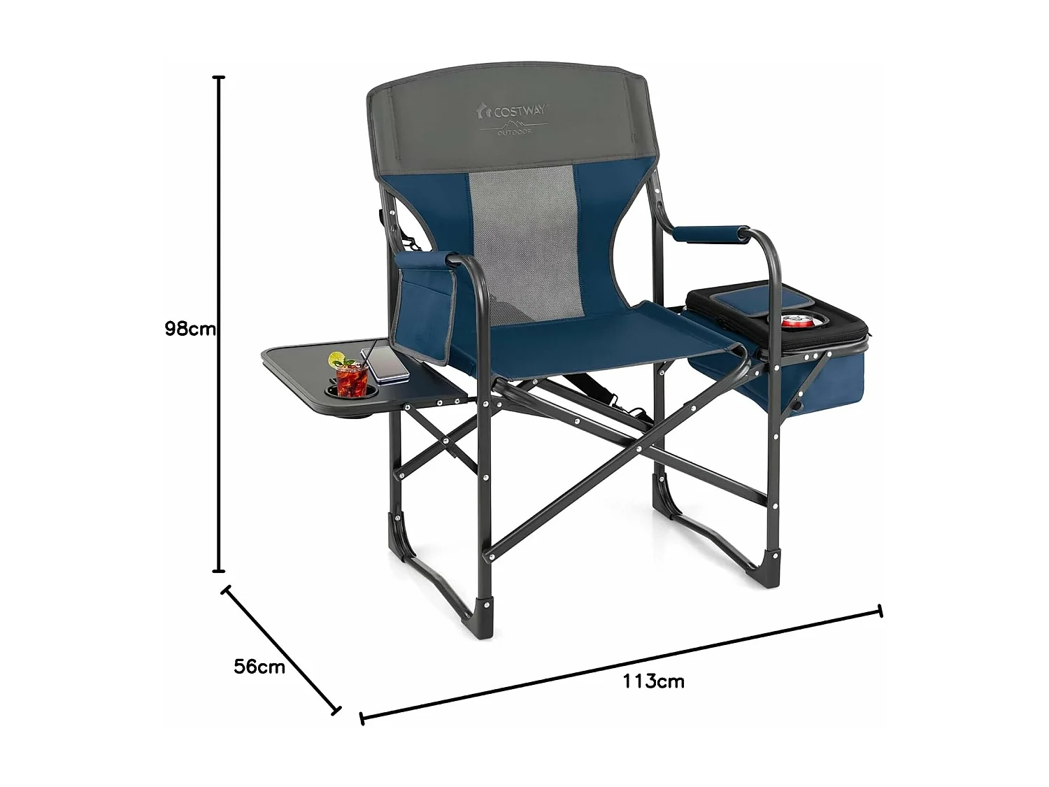 Campingstoel met zijtafel, koeltas en opbergtas, inklapbare visstoel,regisseursstoel, draagbaar, vouwstoel, klapstoel voor camping, vissen, picknick (blauw)ZB32088