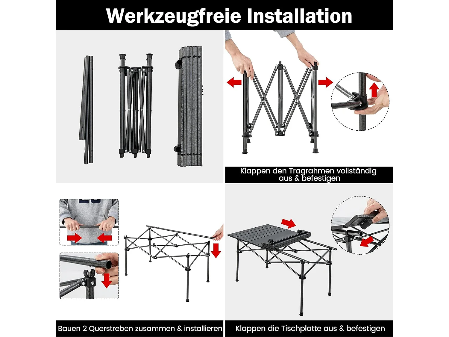 Campingtafel, opvouwbaar, vouwtafel met oprolbaar tafelblad, klaptafel, tuintafel met aluminium tafelblad voor 4 personen, 95 x 55 x 50 cm, zwart ZB33226
