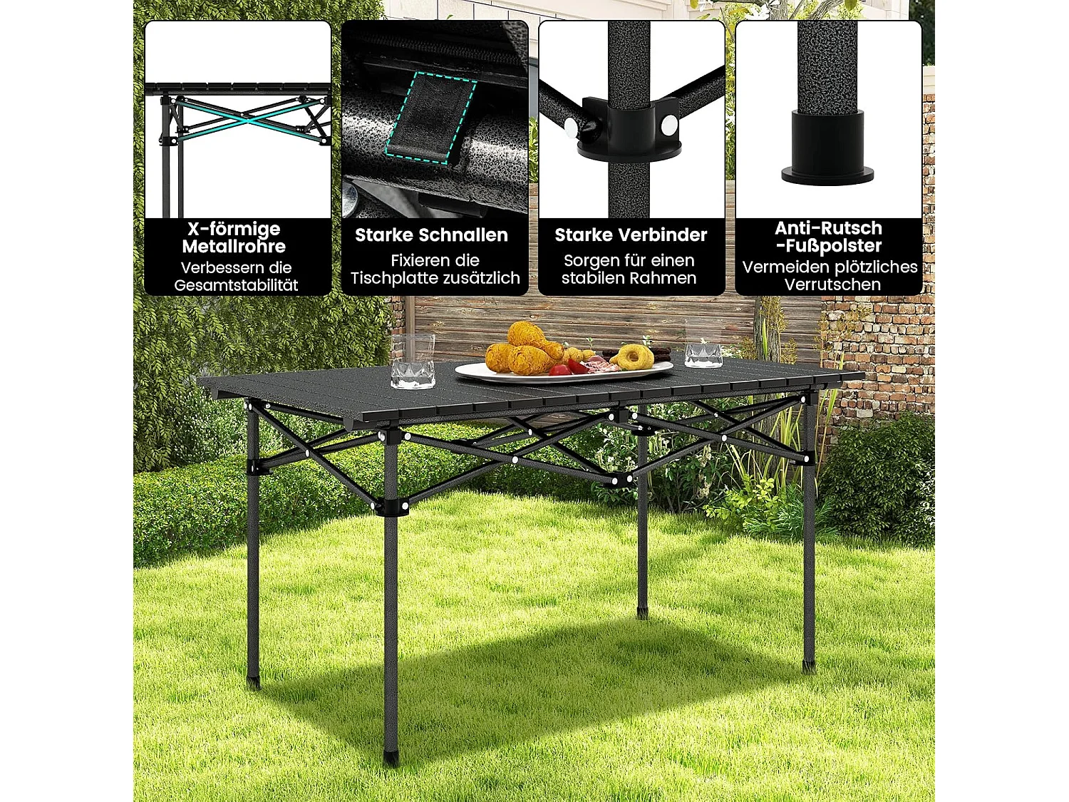 Campingtafel, opvouwbaar, vouwtafel met oprolbaar tafelblad, klaptafel, tuintafel met aluminium tafelblad voor 4 personen, 95 x 55 x 50 cm, zwart ZB33226