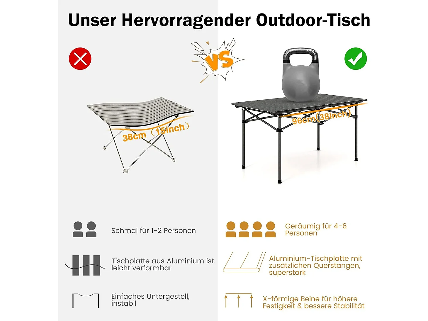 Campingtafel, opvouwbaar, vouwtafel met oprolbaar tafelblad, klaptafel, tuintafel met aluminium tafelblad voor 4 personen, 95 x 55 x 50 cm, zwart ZB33226