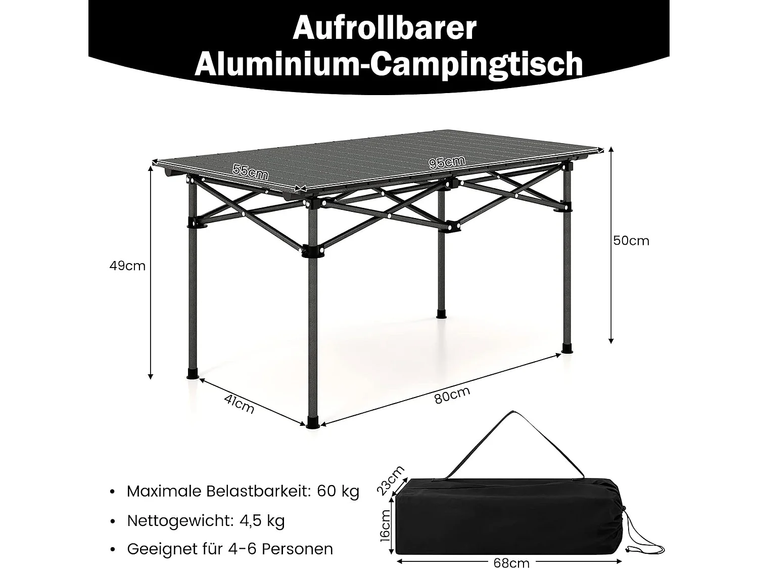 Campingtafel, opvouwbaar, vouwtafel met oprolbaar tafelblad, klaptafel, tuintafel met aluminium tafelblad voor 4 personen, 95 x 55 x 50 cm, zwart ZB33226