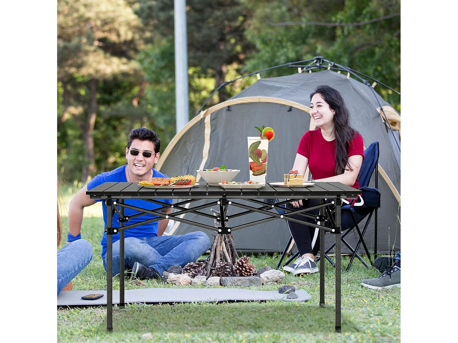 Campingtafel, opvouwbaar, vouwtafel met oprolbaar tafelblad, klaptafel, tuintafel met aluminium tafelblad voor 4 personen, 95 x 55 x 50 cm, zwart ZB33226