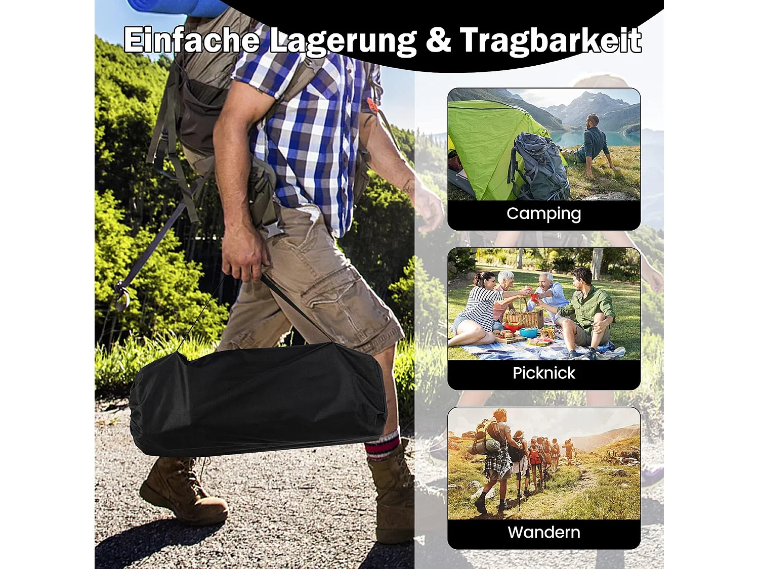 Campingtafel, opvouwbaar, vouwtafel met oprolbaar tafelblad, klaptafel, tuintafel met aluminium tafelblad voor 4 personen, 95 x 55 x 50 cm, zwart ZB33226