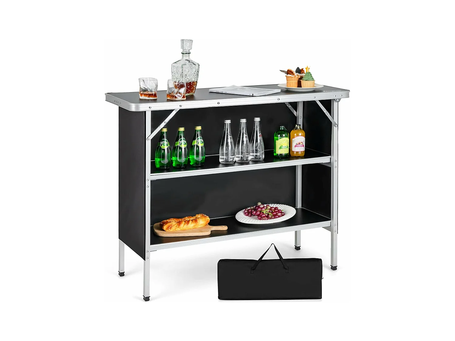 Campingkast, opvouwbaar, draagbare campingkeuken met 2 verdiepingen, aluminium vouwkast, voor picknick, barbecue, feestjes, 110 x 38 x 88 cm (zwart)ZB32834