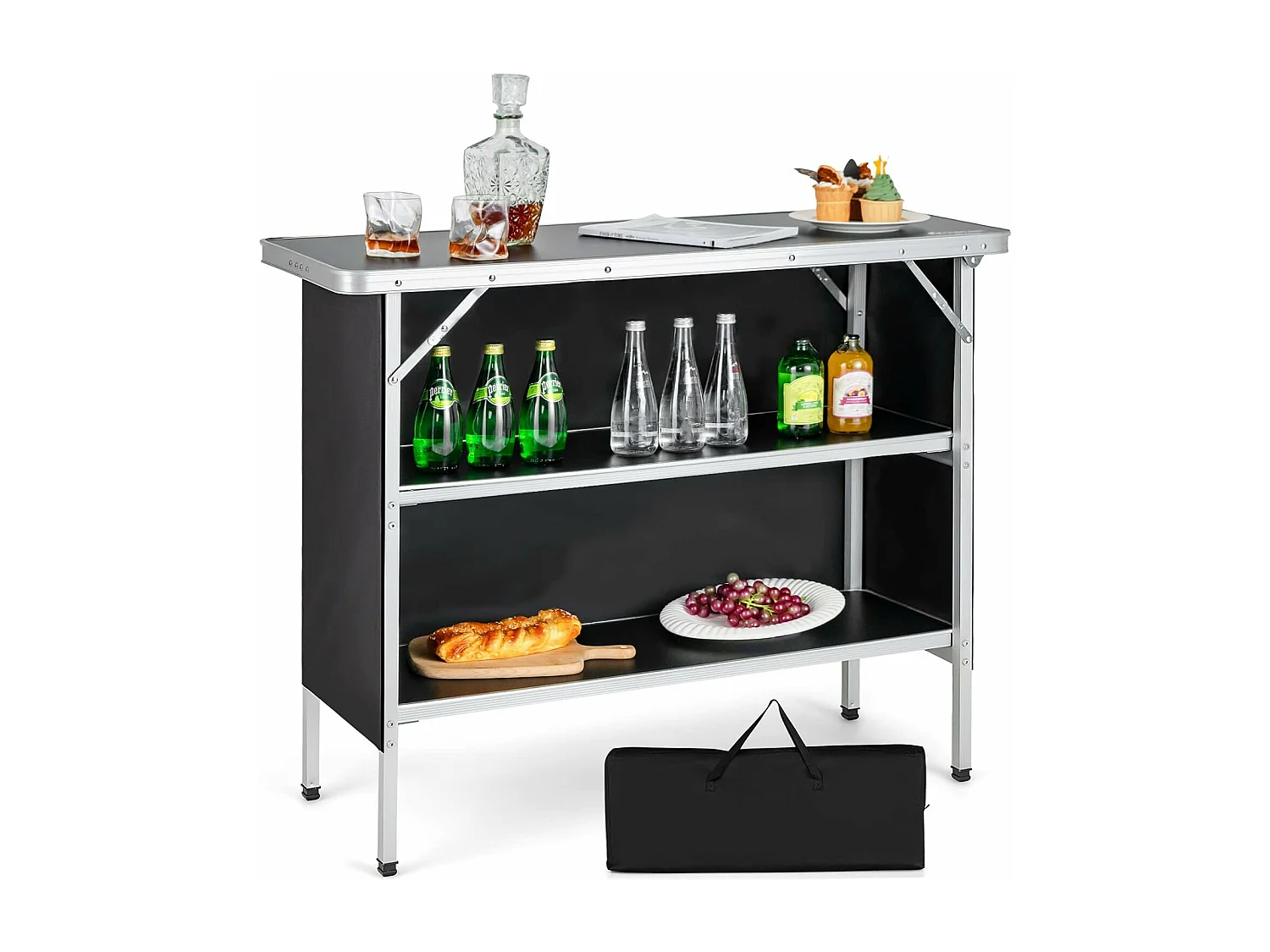 Campingkast, opvouwbaar, draagbare campingkeuken met 2 verdiepingen, aluminium vouwkast, voor picknick, barbecue, feestjes, 110 x 38 x 88 cm (zwart)ZB32834