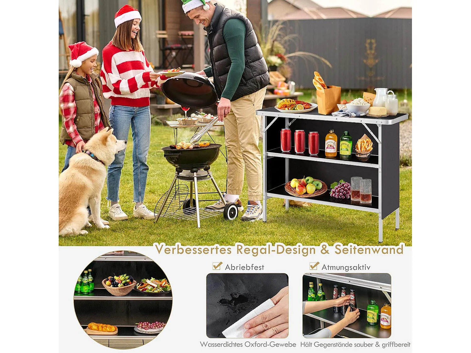 Campingkast, opvouwbaar, draagbare campingkeuken met 2 verdiepingen, aluminium vouwkast, voor picknick, barbecue, feestjes, 110 x 38 x 88 cm (zwart)ZB32834
