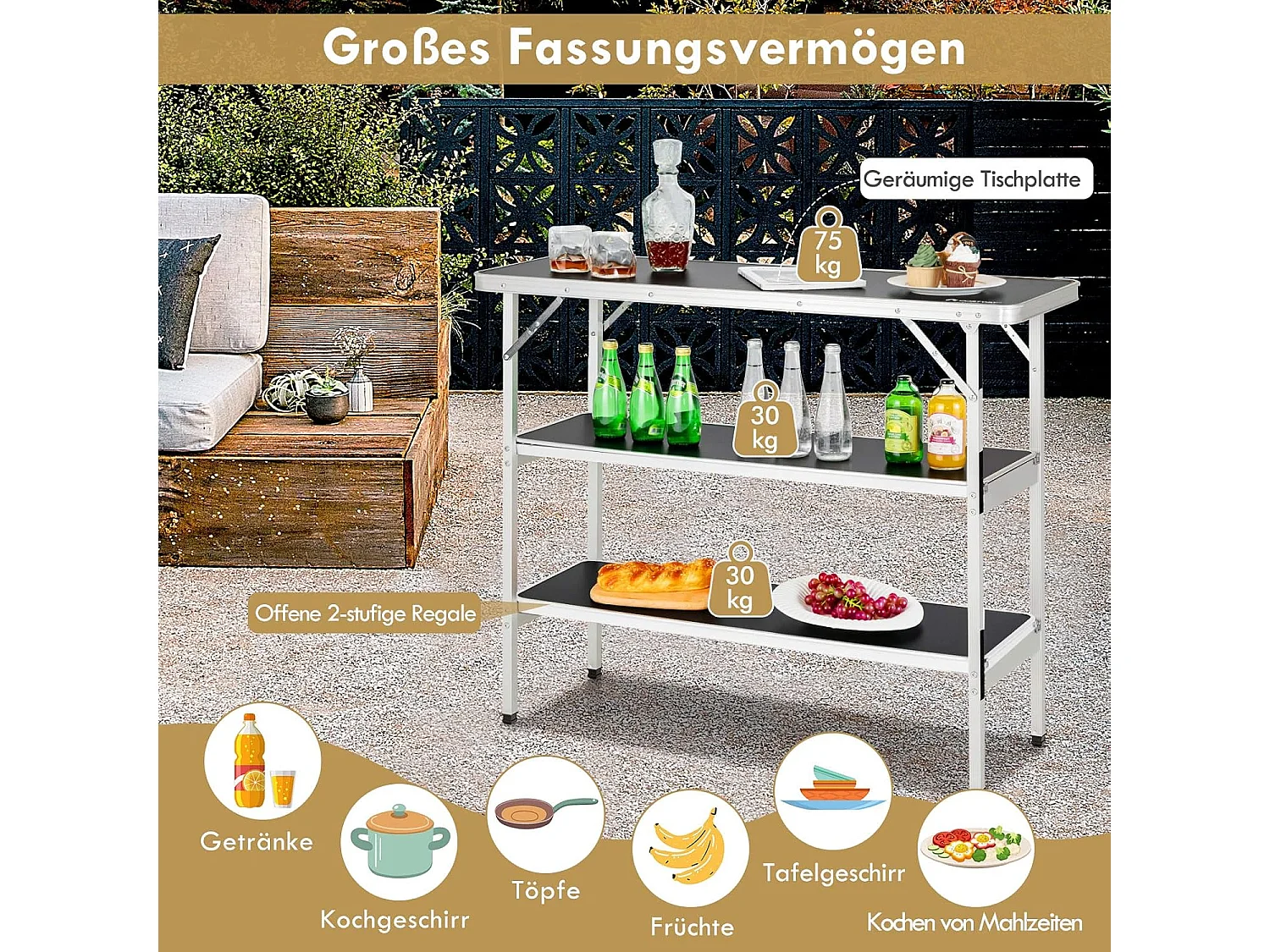 Campingkast, opvouwbaar, draagbare campingkeuken met 2 verdiepingen, aluminium vouwkast, voor picknick, barbecue, feestjes, 110 x 38 x 88 cm (zwart)ZB32834