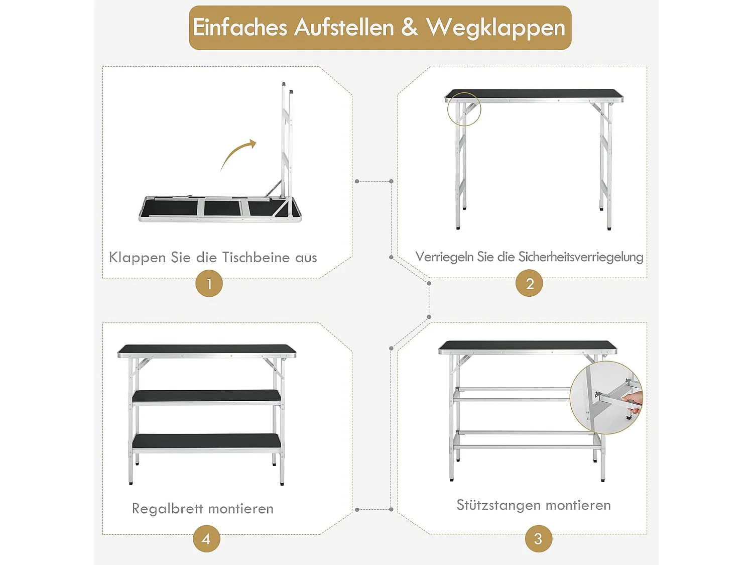 Campingkast, opvouwbaar, draagbare campingkeuken met 2 verdiepingen, aluminium vouwkast, voor picknick, barbecue, feestjes, 110 x 38 x 88 cm (zwart)ZB32834