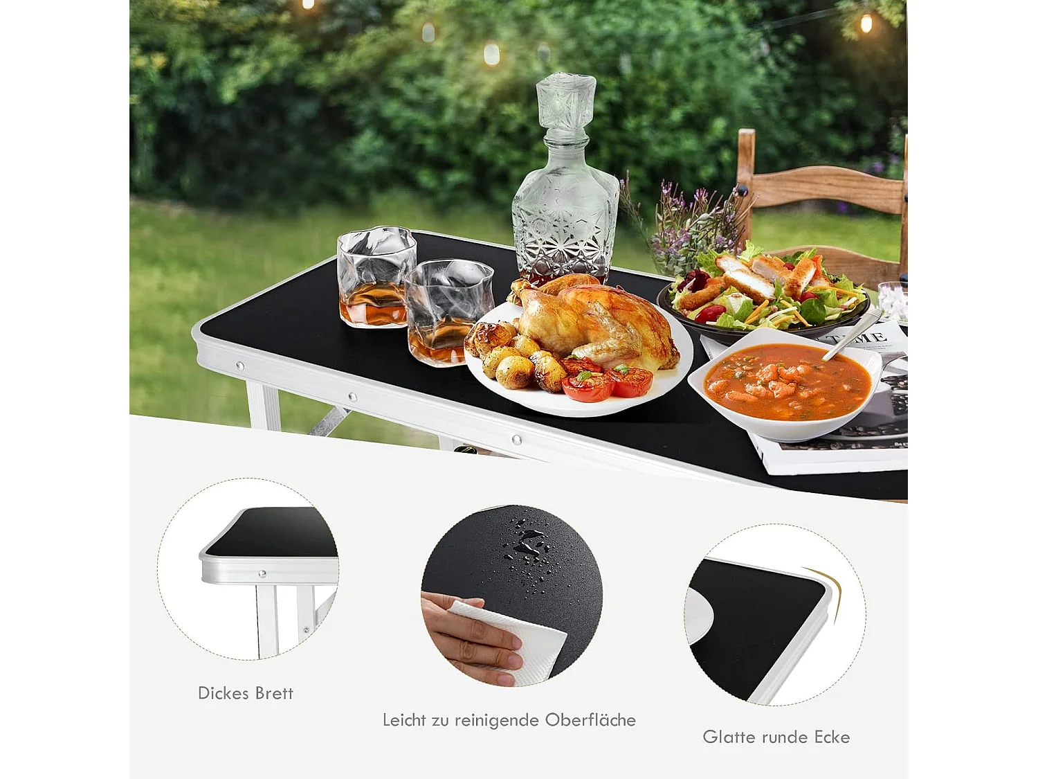 Campingkast, opvouwbaar, draagbare campingkeuken met 2 verdiepingen, aluminium vouwkast, voor picknick, barbecue, feestjes, 110 x 38 x 88 cm (zwart)ZB32834