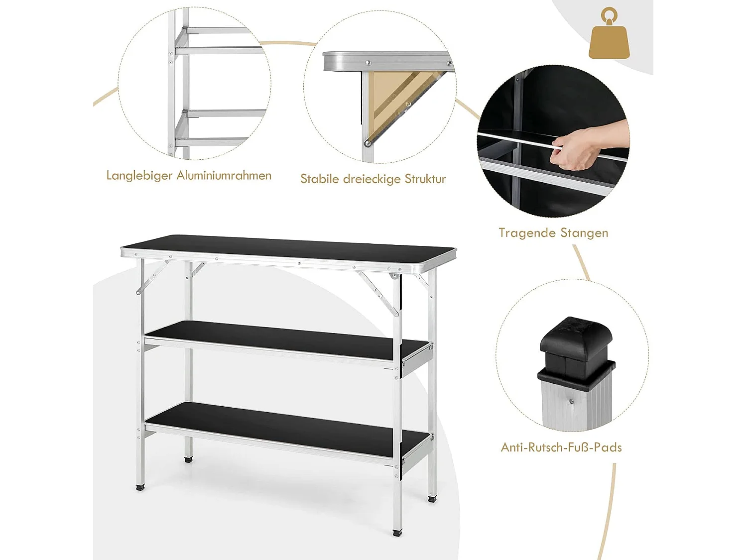 Campingkast, opvouwbaar, draagbare campingkeuken met 2 verdiepingen, aluminium vouwkast, voor picknick, barbecue, feestjes, 110 x 38 x 88 cm (zwart)ZB32834