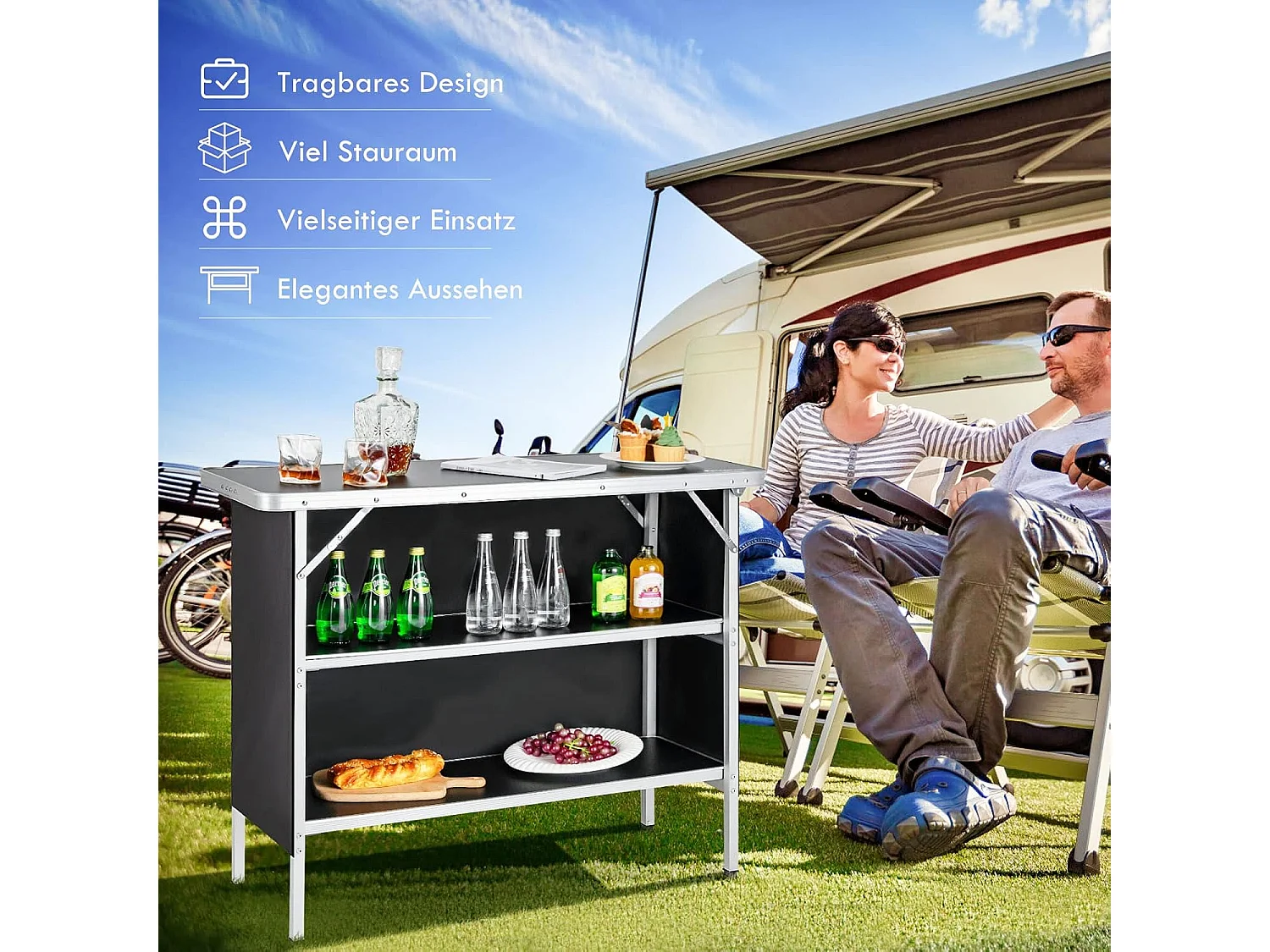 Campingkast, opvouwbaar, draagbare campingkeuken met 2 verdiepingen, aluminium vouwkast, voor picknick, barbecue, feestjes, 110 x 38 x 88 cm (zwart)ZB32834