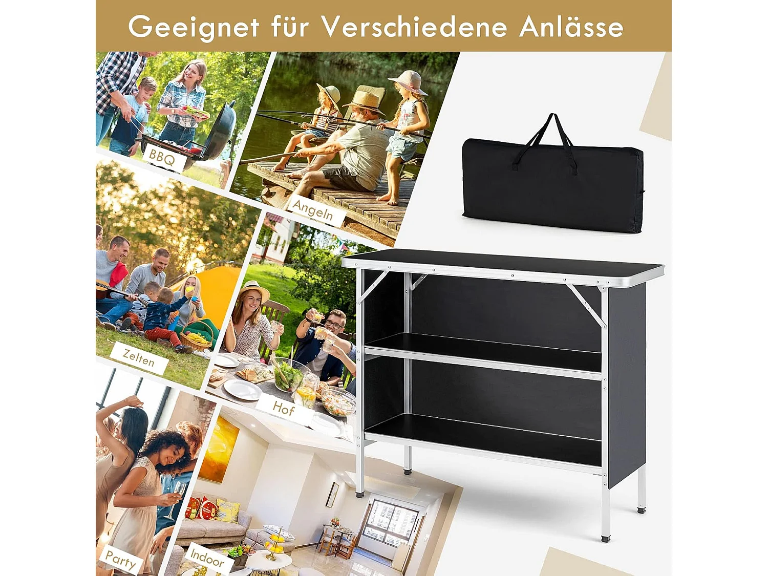Campingkast, opvouwbaar, draagbare campingkeuken met 2 verdiepingen, aluminium vouwkast, voor picknick, barbecue, feestjes, 110 x 38 x 88 cm (zwart)ZB32834