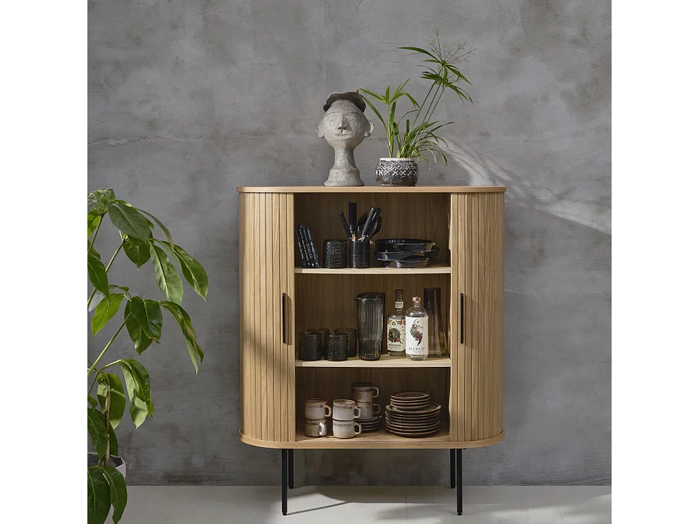 Alicia - Buffet haut aux angles arrondis en bois et métal H118cm - Bois clair