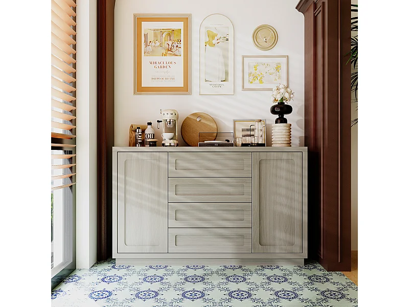 Buffet de Cuisine avec Plan de Travail, 2 Portes et 4 Tiroirs, Meuble de Rangement avec Aspect Bois, 140 x 40 x 86, Gris