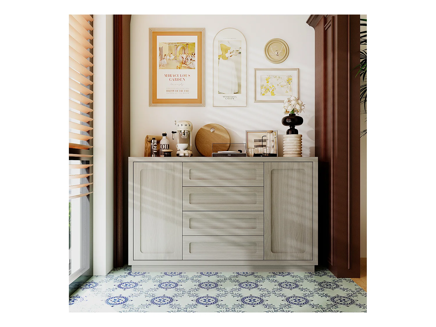 Buffet de Cuisine avec Plan de Travail, 2 Portes et 4 Tiroirs, Meuble de Rangement avec Aspect Bois, 140 x 40 x 86, Gris