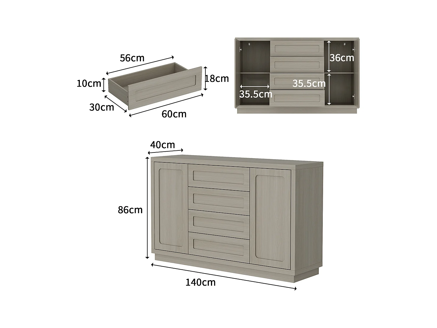 Buffet de Cuisine avec Plan de Travail, 2 Portes et 4 Tiroirs, Meuble de Rangement avec Aspect Bois, 140 x 40 x 86, Gris