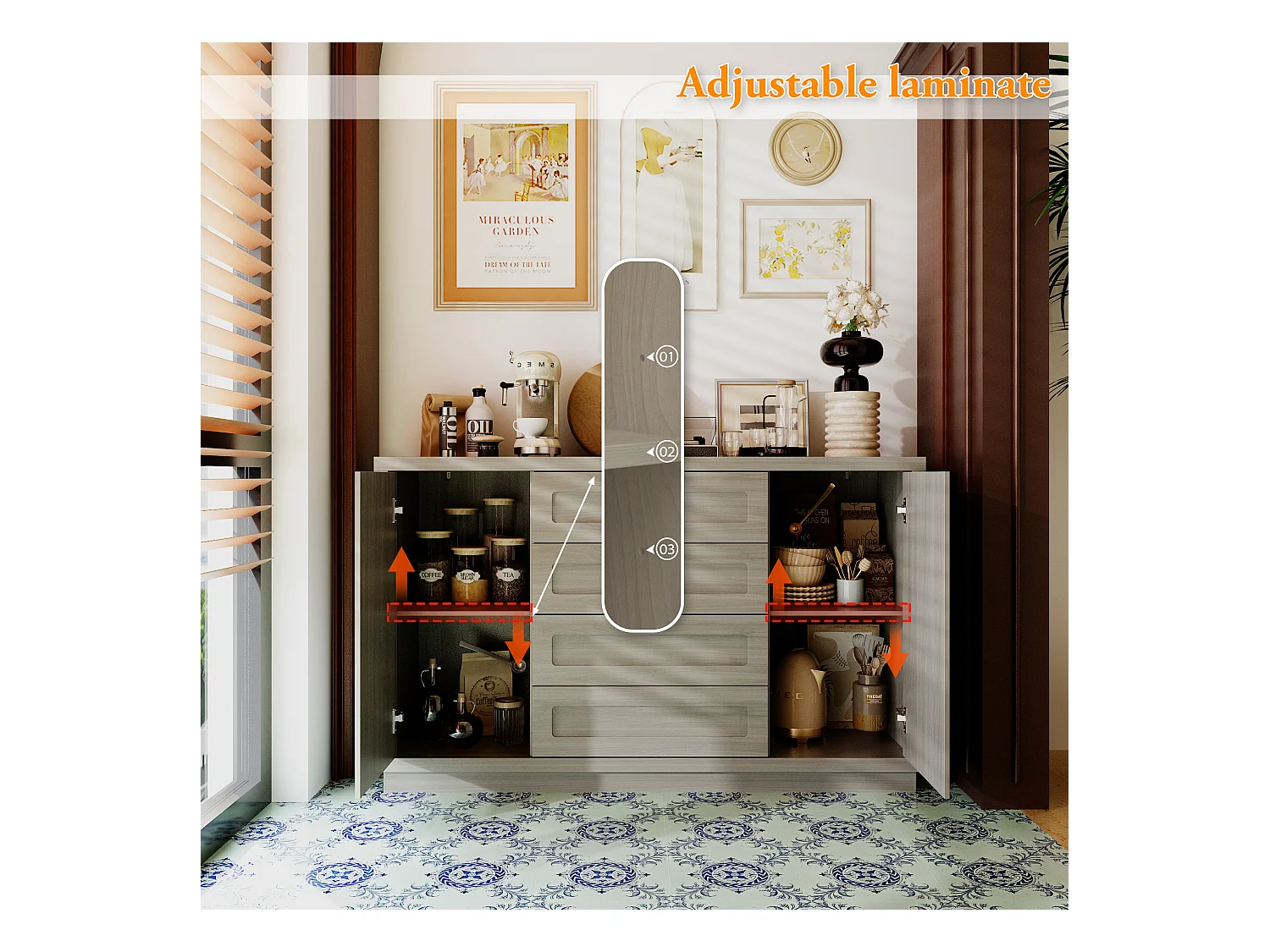 Buffet de Cuisine avec Plan de Travail, 2 Portes et 4 Tiroirs, Meuble de Rangement avec Aspect Bois, 140 x 40 x 86, Gris