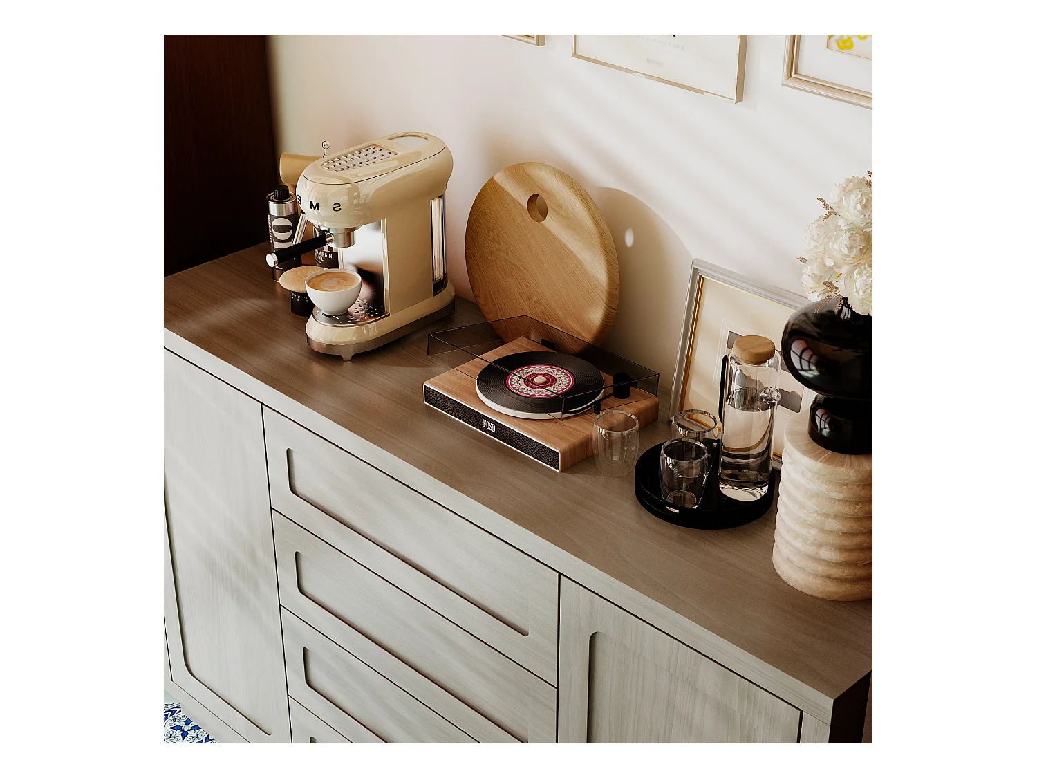 Buffet de Cuisine avec Plan de Travail, 2 Portes et 4 Tiroirs, Meuble de Rangement avec Aspect Bois, 140 x 40 x 86, Gris