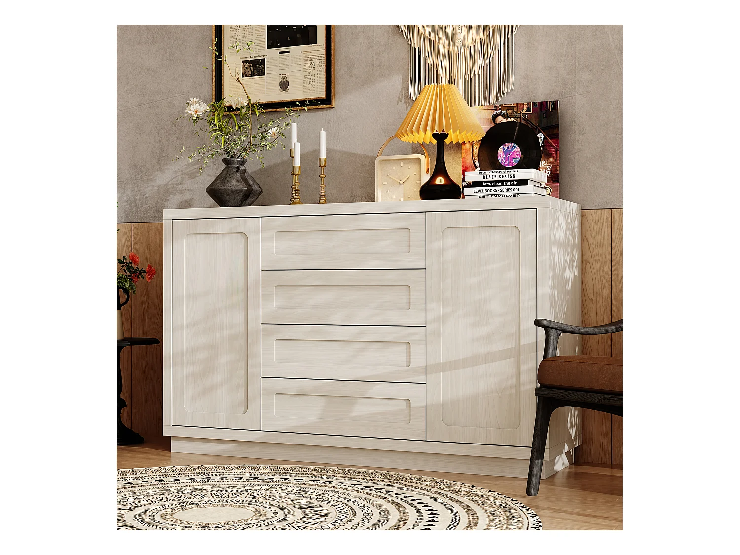 Buffet de Cuisine avec Plan de Travail, 2 Portes et 4 Tiroirs, Meuble de Rangement avec Aspect Bois, 140 x 40 x 86, Gris