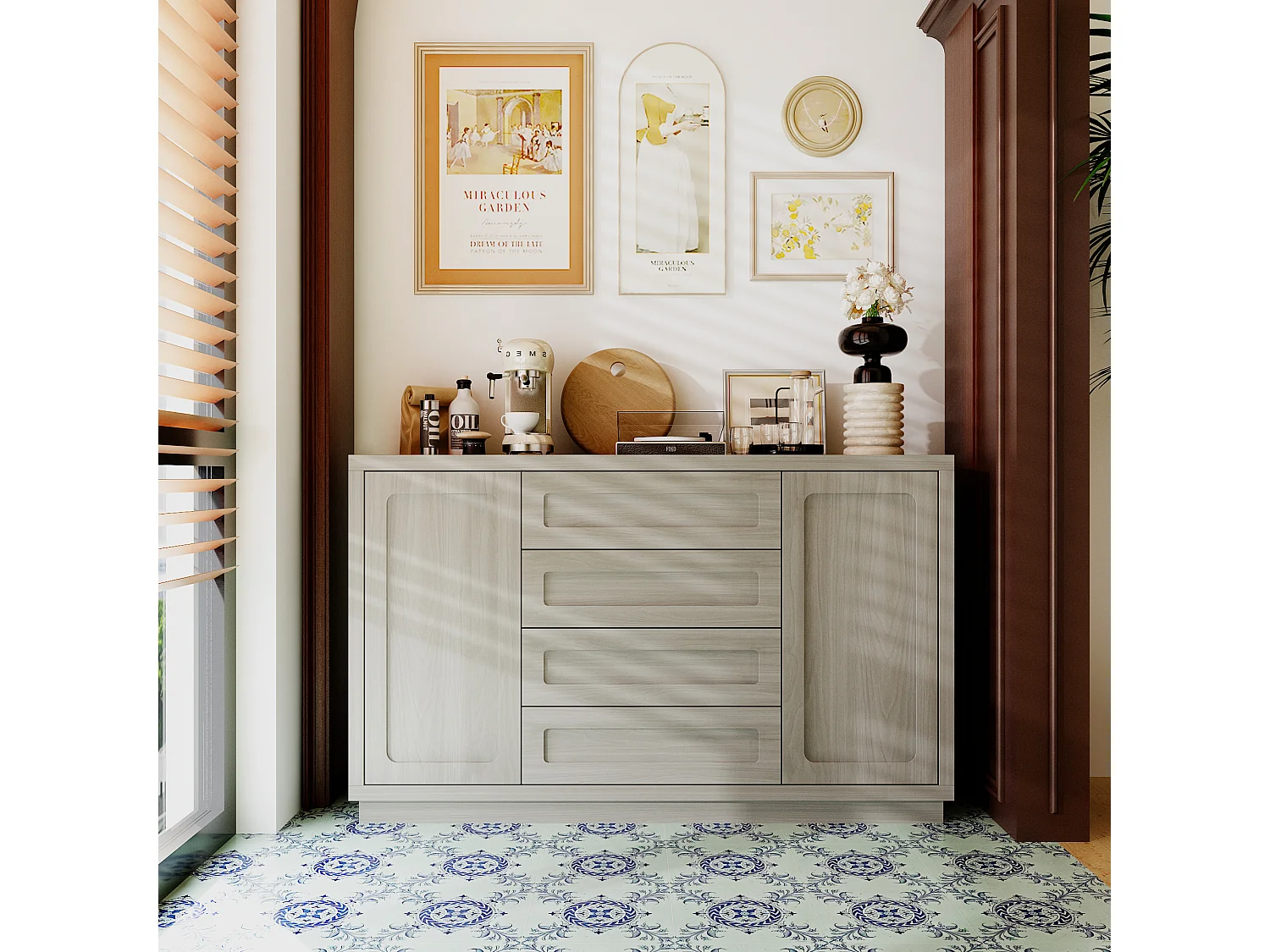 Buffet de Cuisine avec Plan de Travail, 2 Portes et 4 Tiroirs, Meuble de Rangement avec Aspect Bois, 140 x 40 x 86, Gris