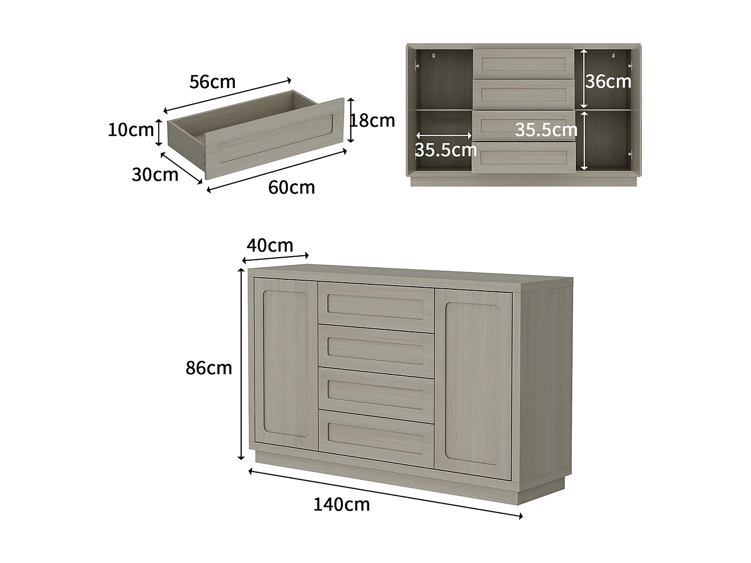 Buffet de Cuisine avec Plan de Travail, 2 Portes et 4 Tiroirs, Meuble de Rangement avec Aspect Bois, 140 x 40 x 86, Gris