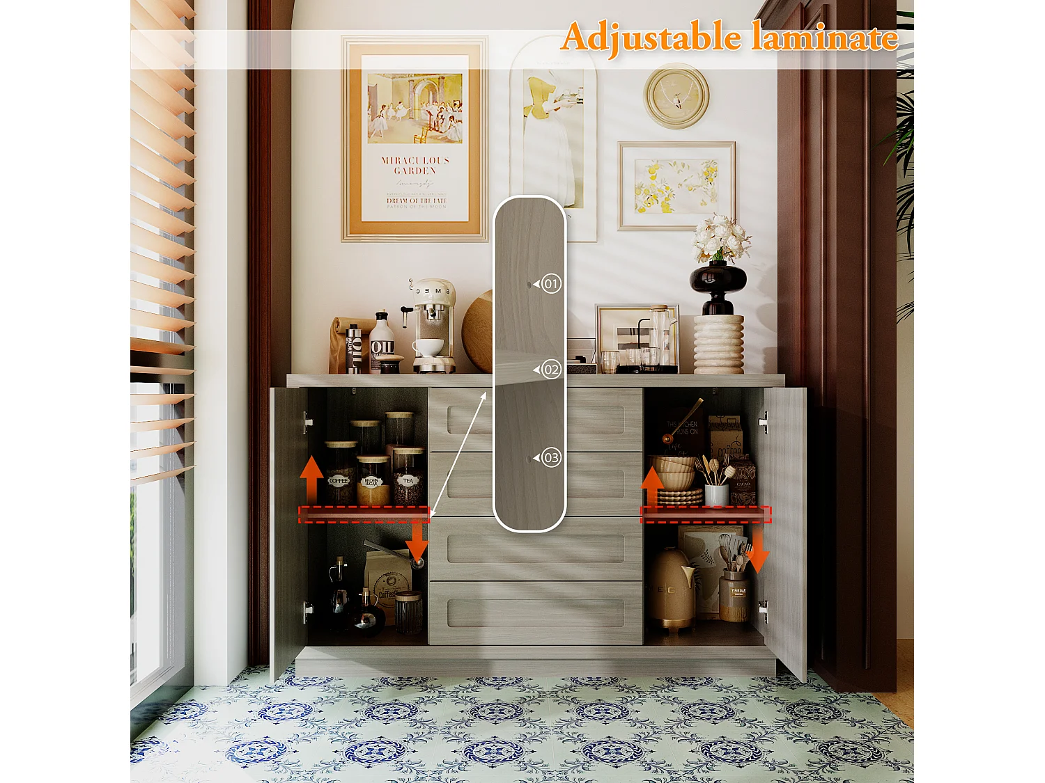 Buffet de Cuisine avec Plan de Travail, 2 Portes et 4 Tiroirs, Meuble de Rangement avec Aspect Bois, 140 x 40 x 86, Gris