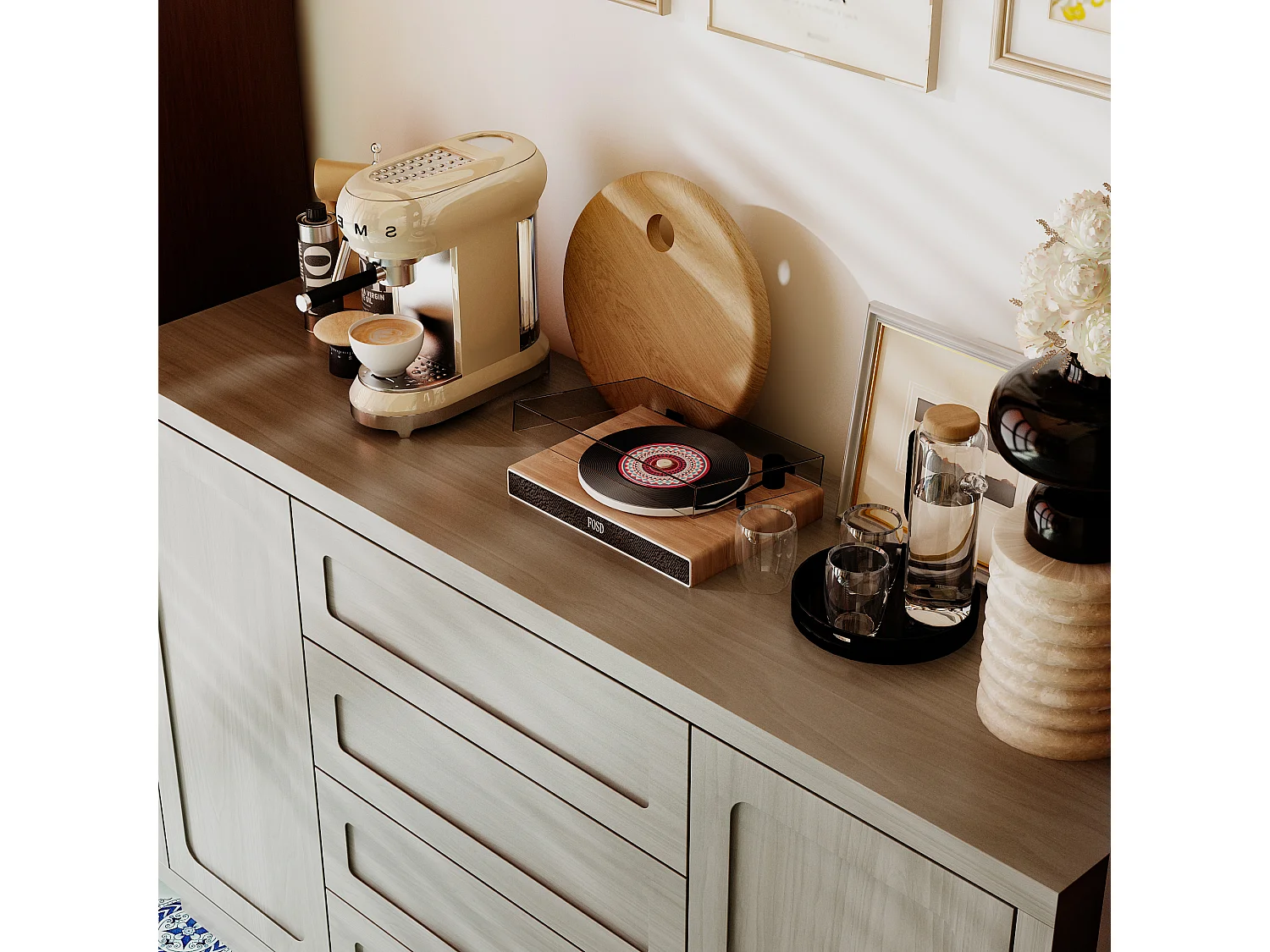 Buffet de Cuisine avec Plan de Travail, 2 Portes et 4 Tiroirs, Meuble de Rangement avec Aspect Bois, 140 x 40 x 86, Gris