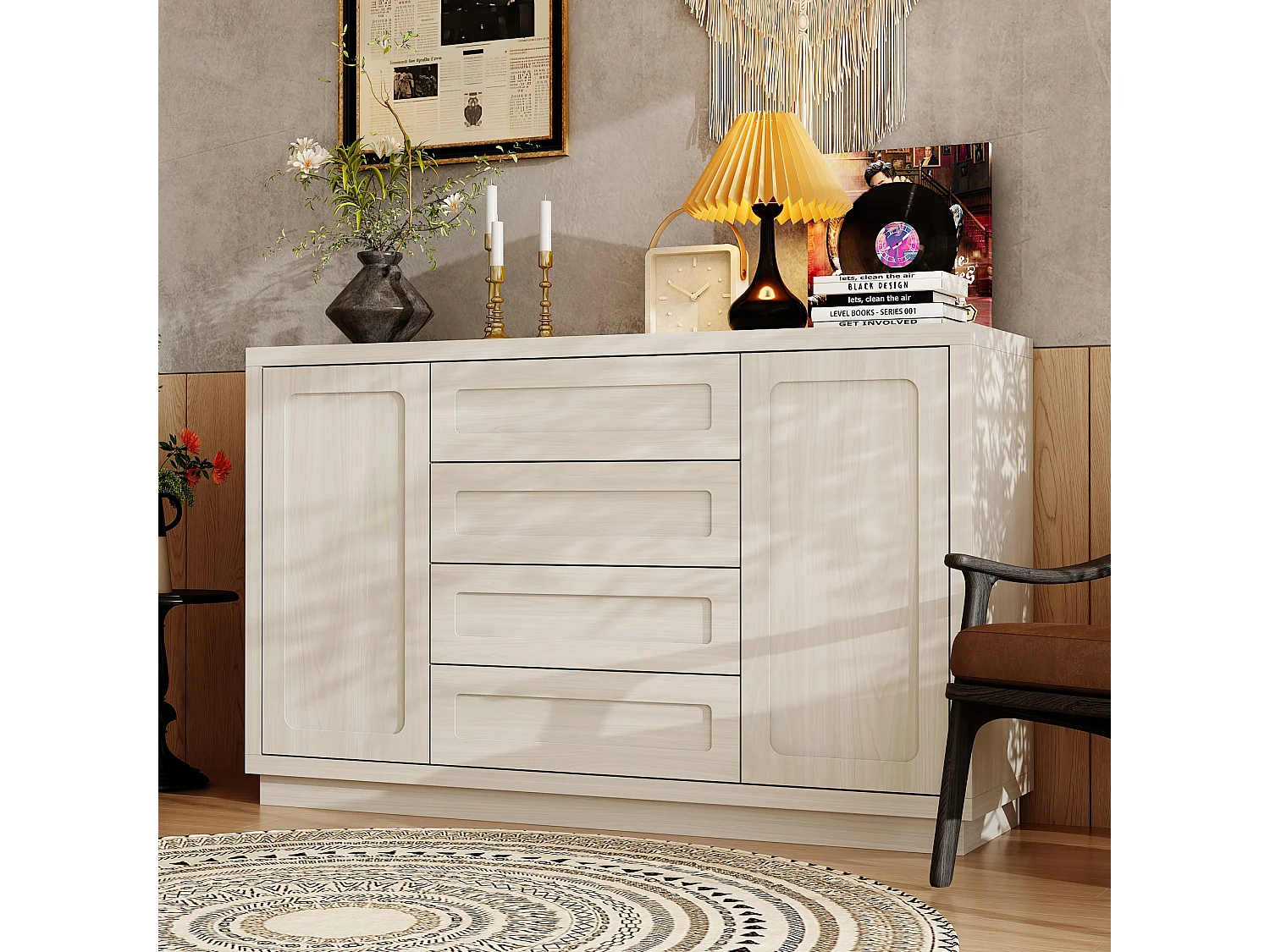 Buffet de Cuisine avec Plan de Travail, 2 Portes et 4 Tiroirs, Meuble de Rangement avec Aspect Bois, 140 x 40 x 86, Gris