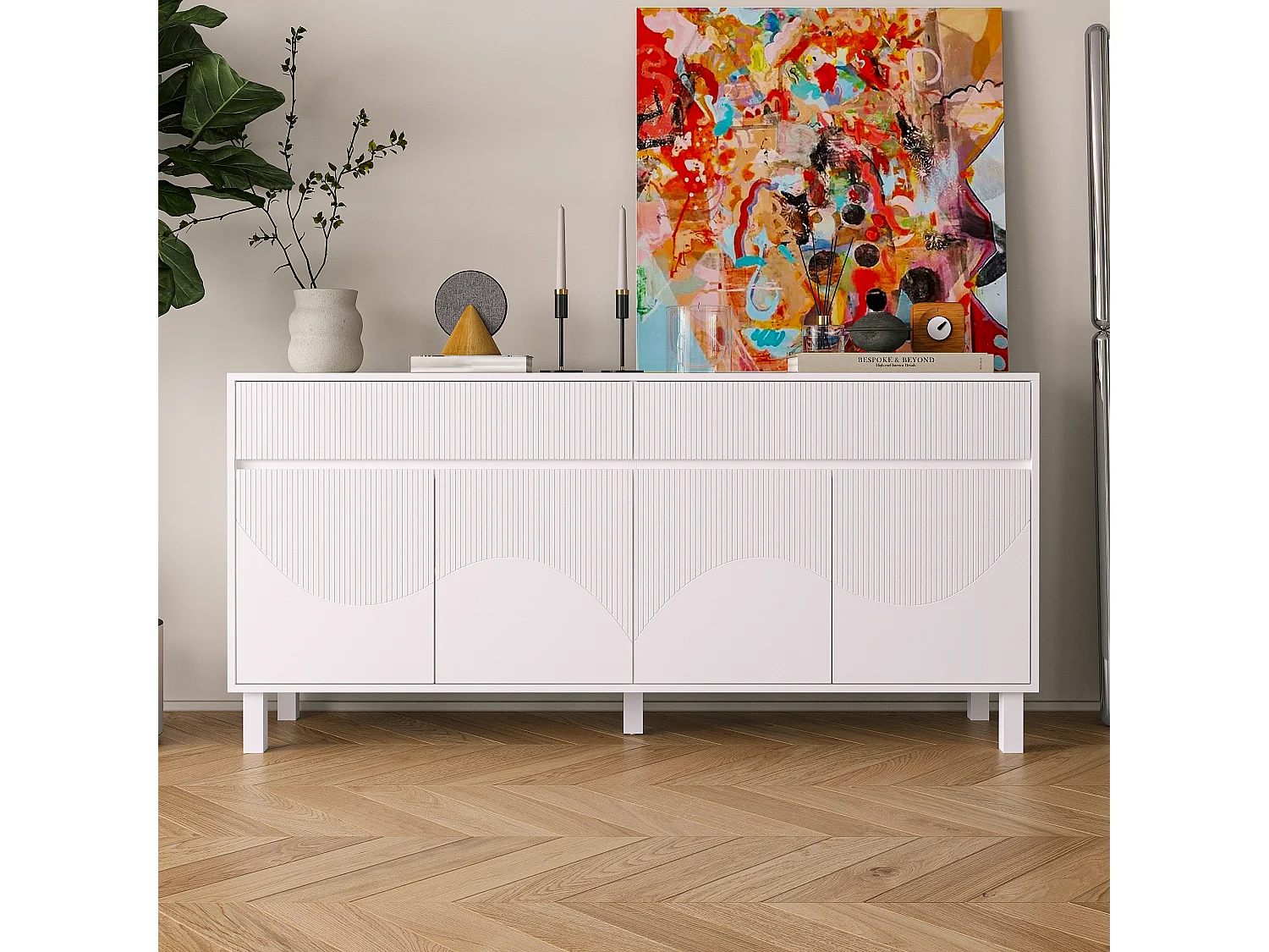 Buffet blanc avec surface à rayures verticales,2 tiroirs et 4 portes,pieds hauts,160x75x40cm,Cuisine,Salon,Chambre